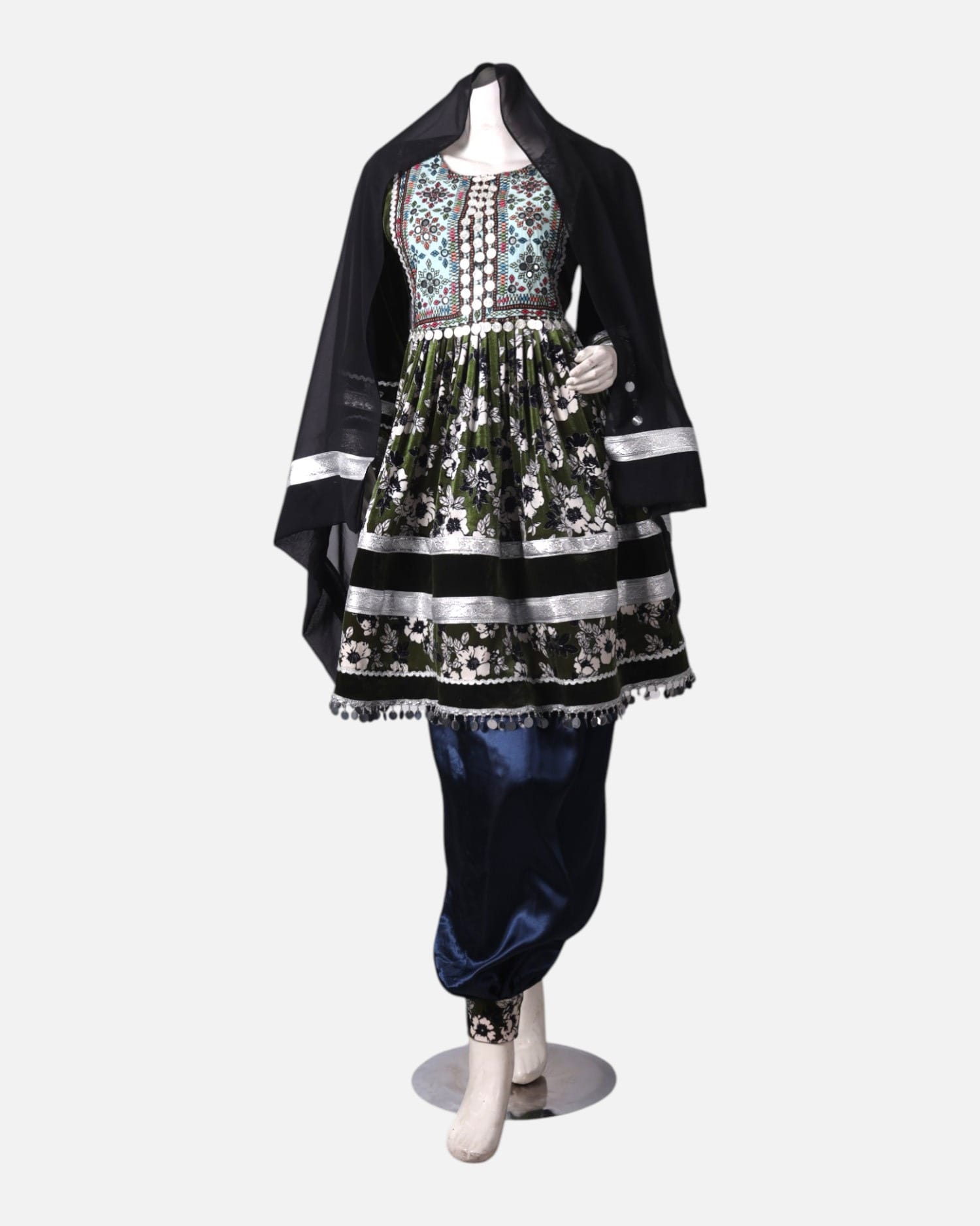 Afghan Traditional Embroidered Velvet and Satin Dress in Black & Green with Shawl