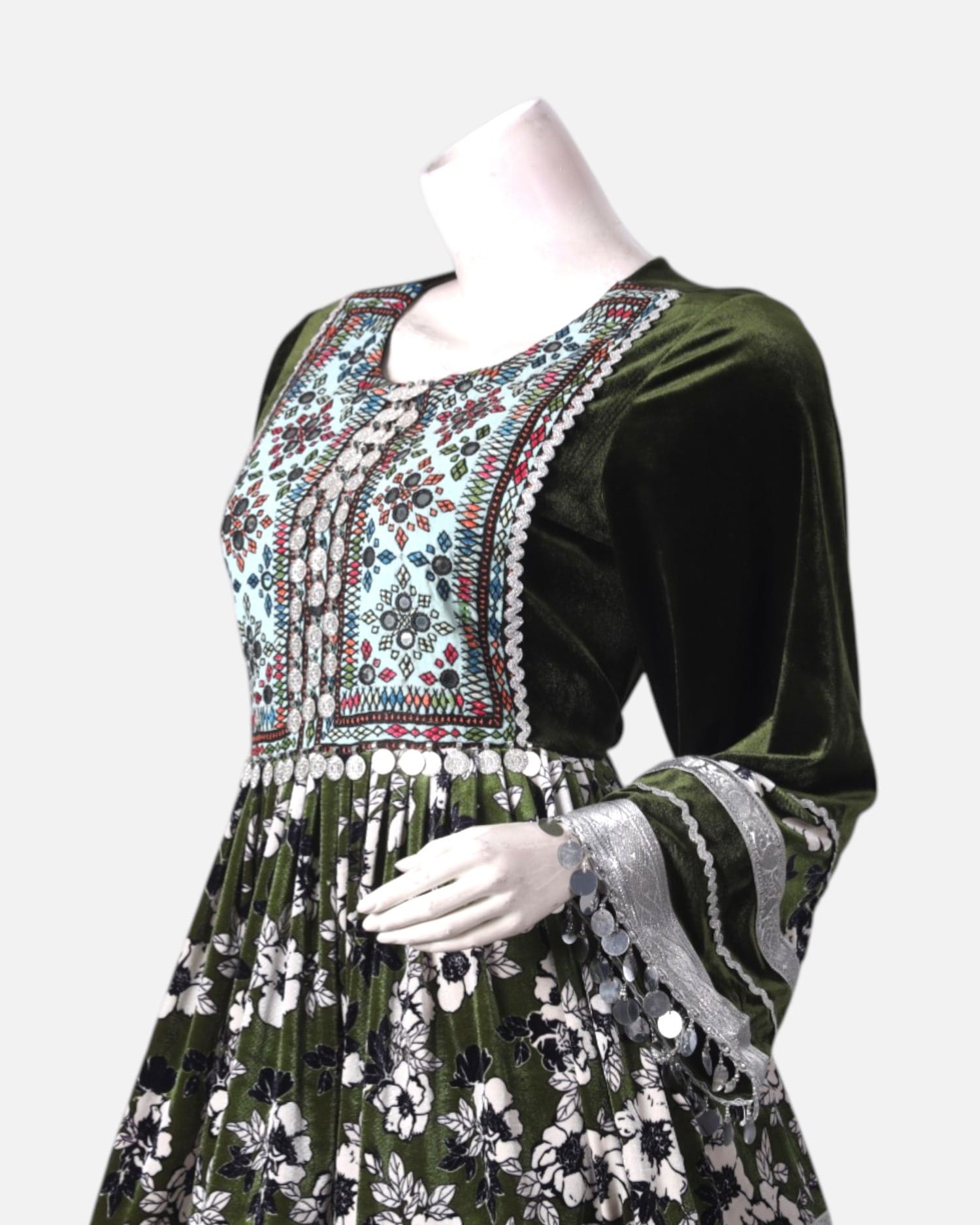 Afghan Traditional Embroidered Velvet and Satin Dress in Black & Green with Shawl