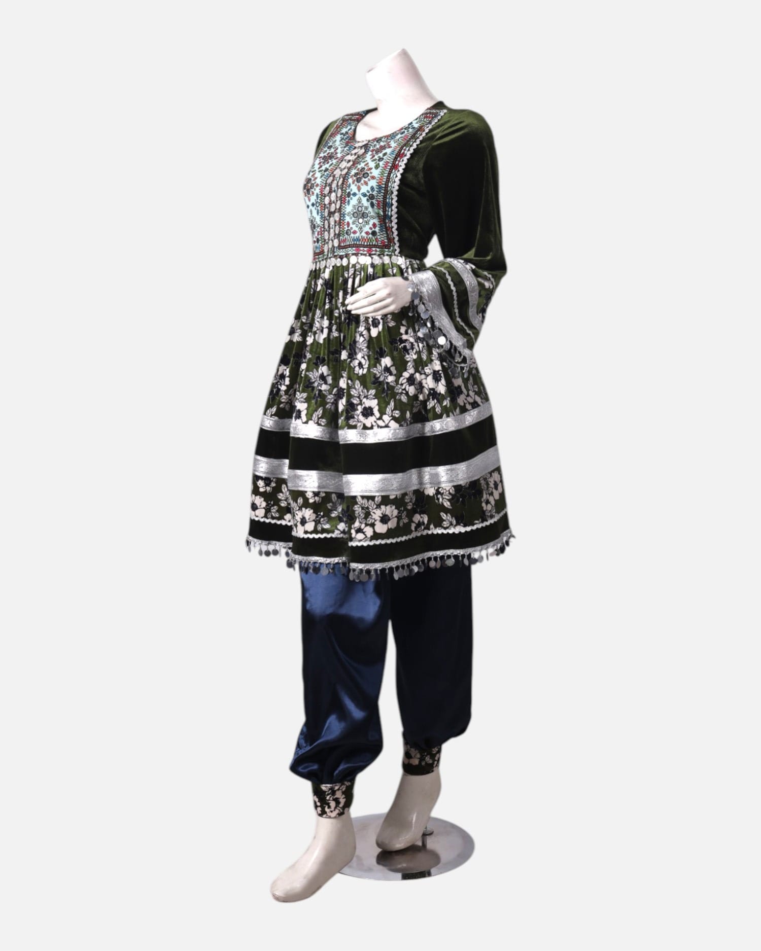 Afghan Traditional Embroidered Velvet and Satin Dress in Black & Green with Shawl
