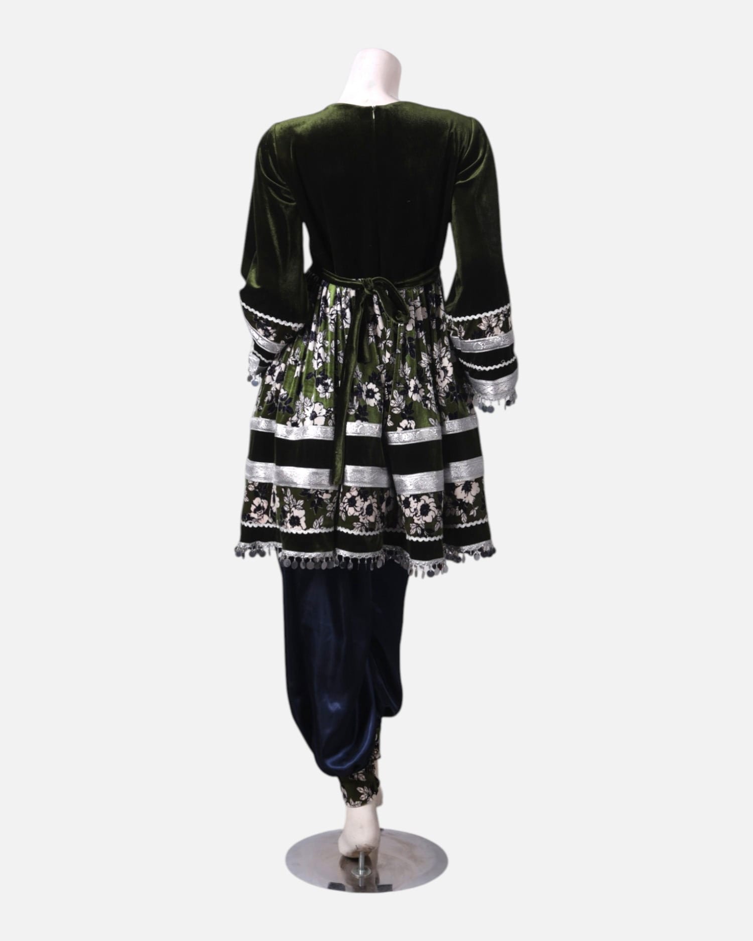 Afghan Traditional Embroidered Velvet and Satin Dress in Black & Green with Shawl