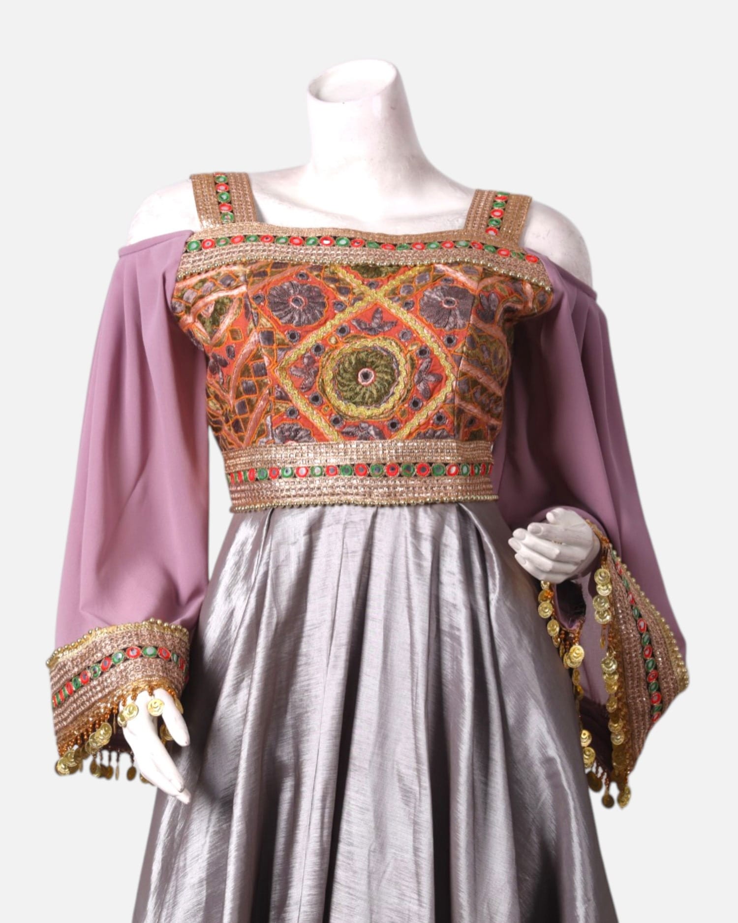 Silver Satin and Pink Chiffon Afghan Dress with Hand-Embroidered Maxi for Women