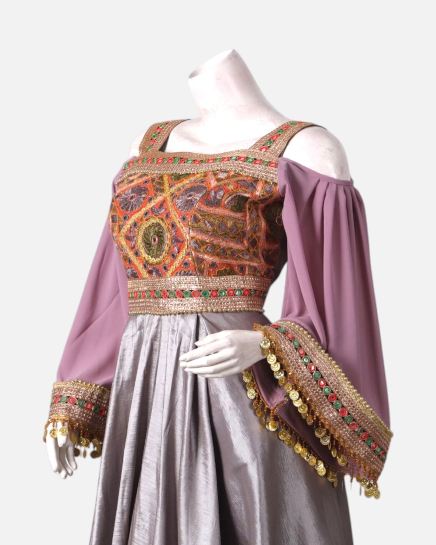 Silver Satin and Pink Chiffon Afghan Dress with Hand-Embroidered Maxi for Women