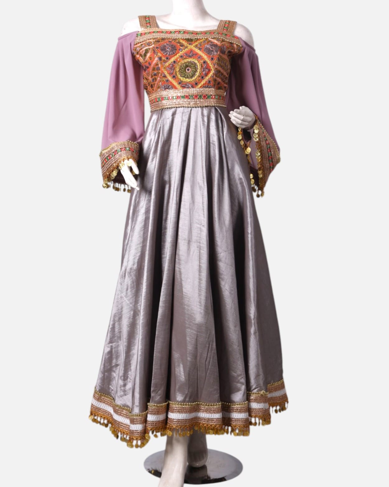 Silver Satin and Pink Chiffon Afghan Dress with Hand-Embroidered Maxi for Women