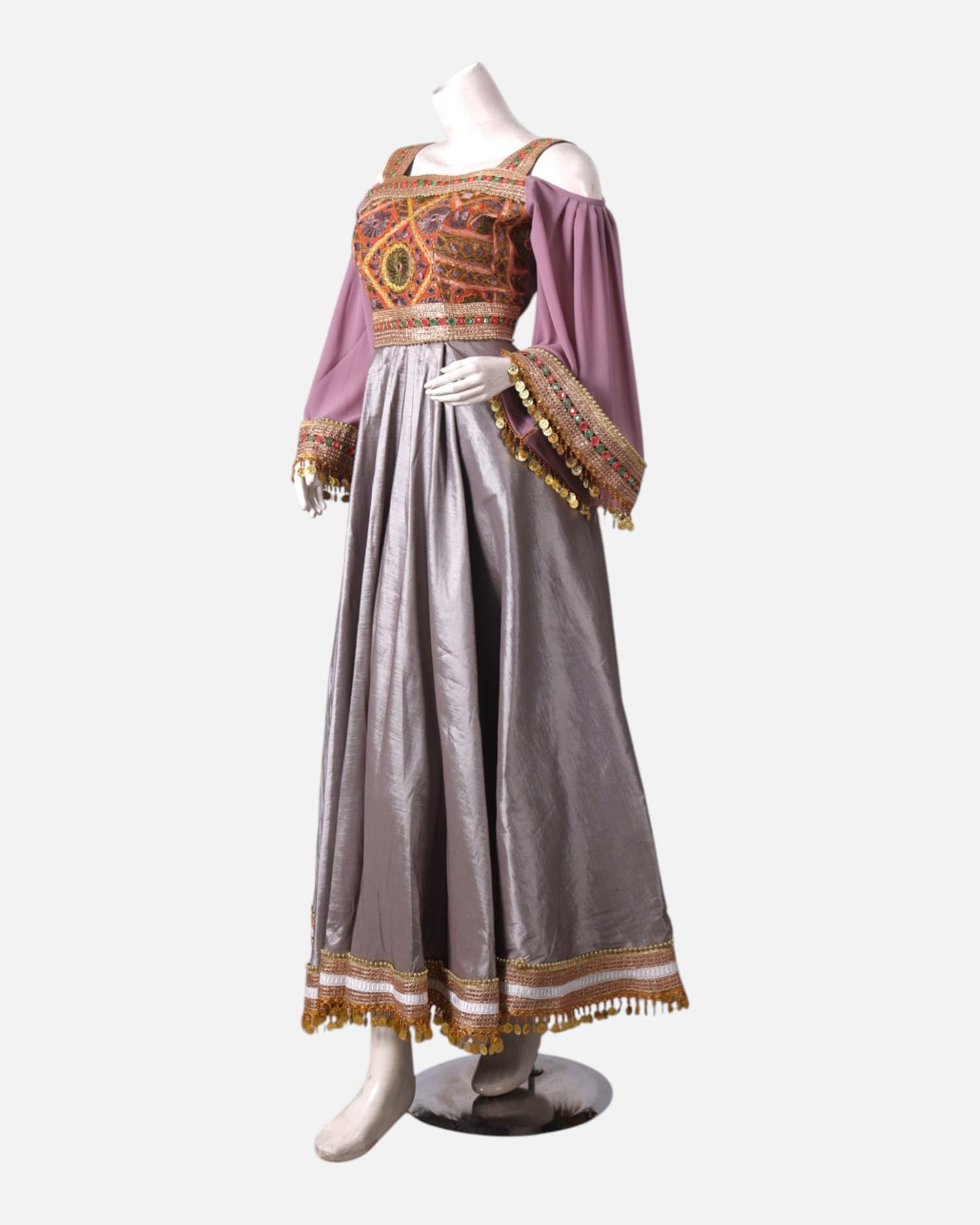 Silver Satin and Pink Chiffon Afghan Dress with Hand-Embroidered Maxi for Women