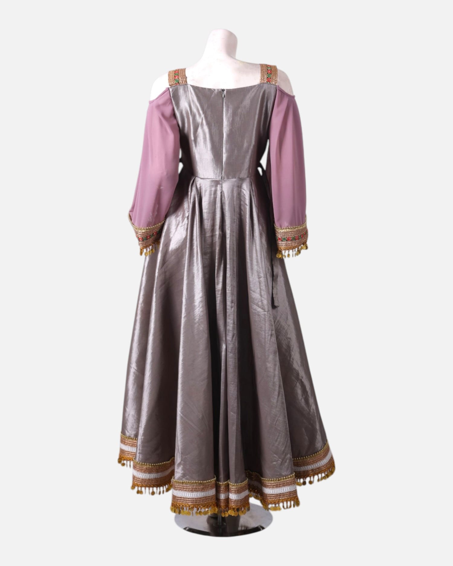 Silver Satin and Pink Chiffon Afghan Dress with Hand-Embroidered Maxi for Women