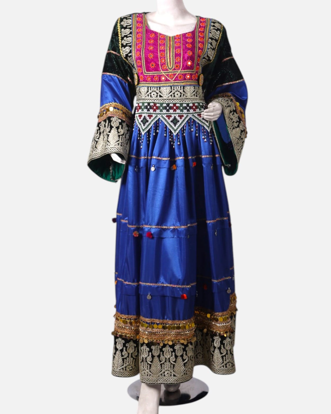 Afghan Traditional Velvet Dress | Intricate Hand Embroidery & Pom-Pom Detailing | Handmade Velvet Cultural Dress