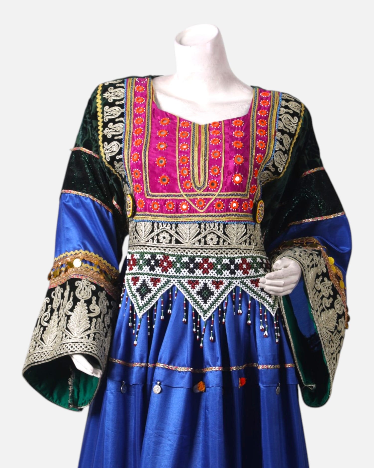 Afghan Traditional Velvet Dress | Intricate Hand Embroidery & Pom-Pom Detailing | Handmade Velvet Cultural Dress