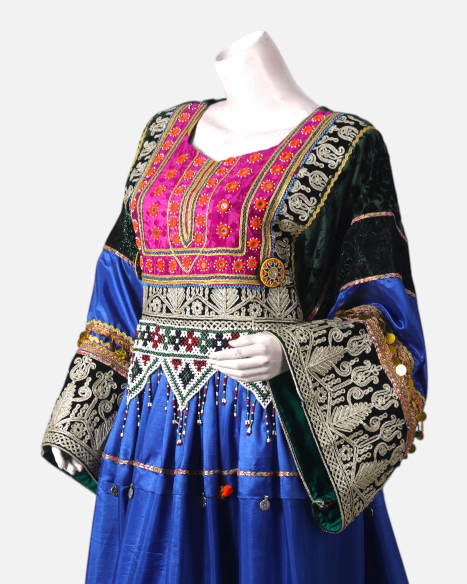 Afghan Traditional Velvet Dress | Intricate Hand Embroidery & Pom-Pom Detailing | Handmade Velvet Cultural Dress