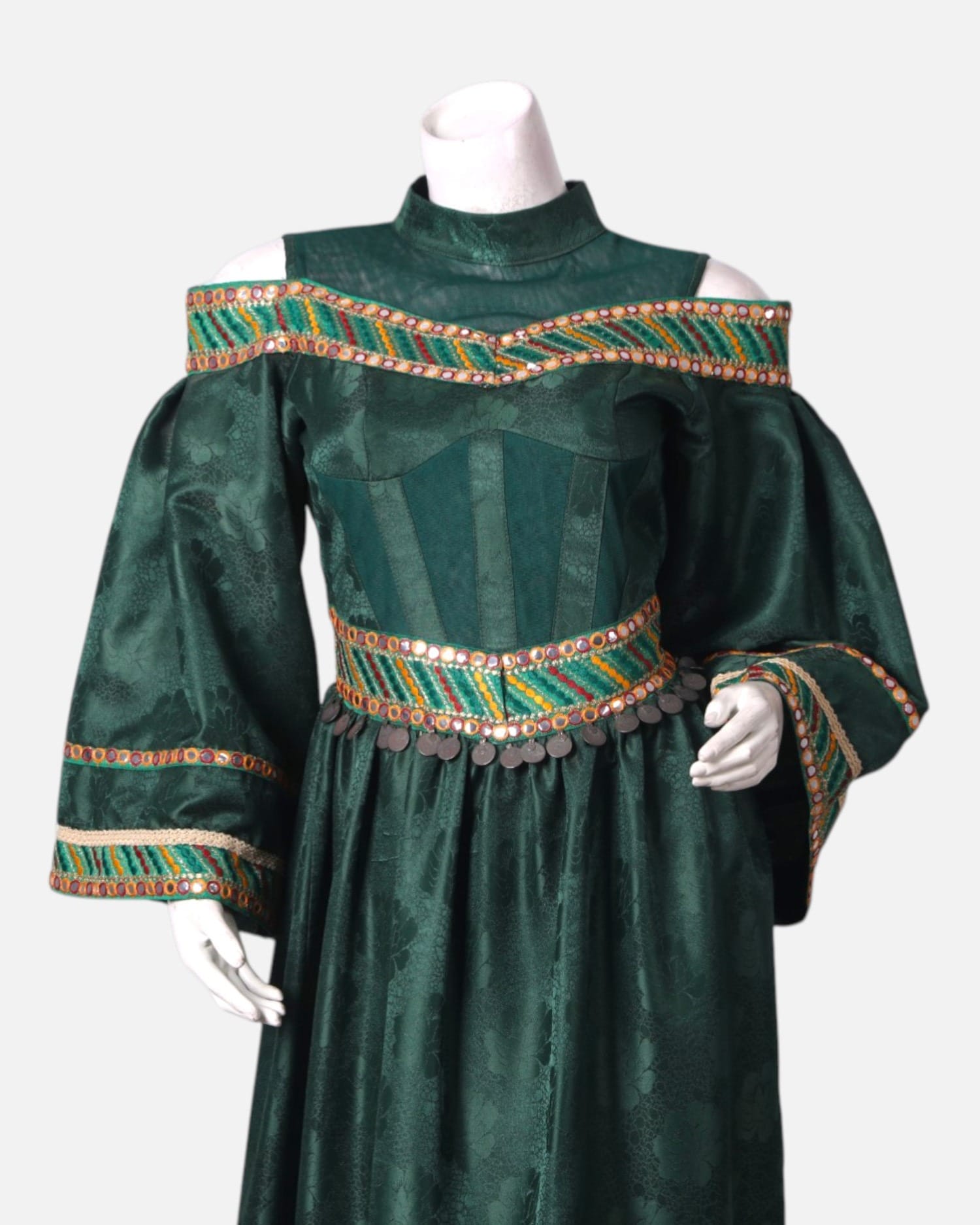 Green Satin Dress with Intricate Embroidery