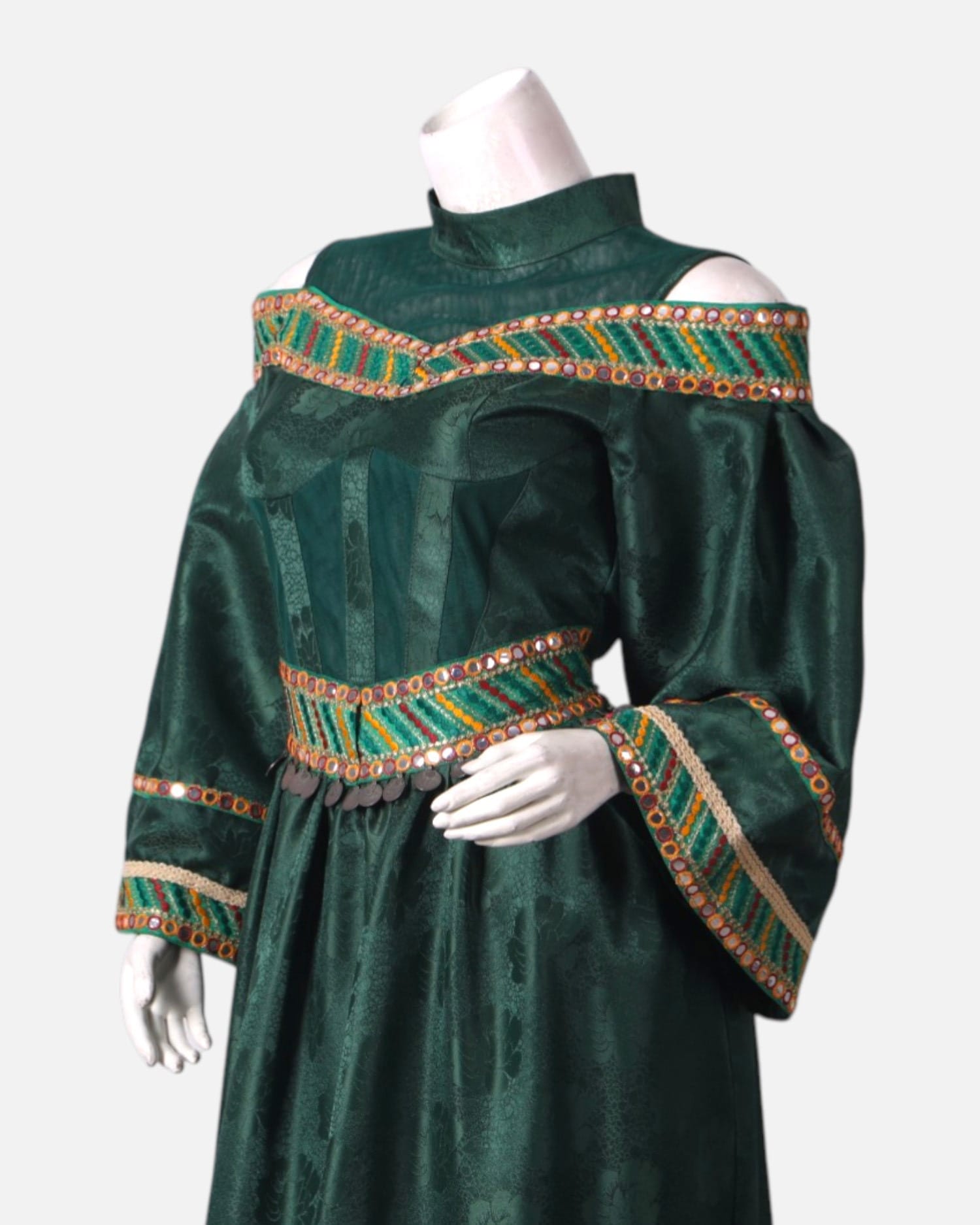 Green Satin Dress with Intricate Embroidery