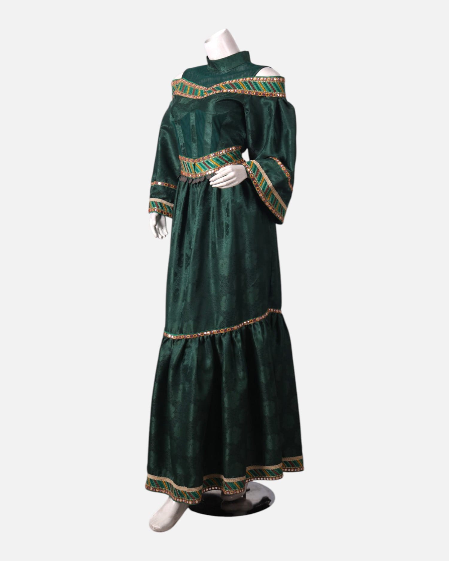 Green Satin Dress with Intricate Embroidery