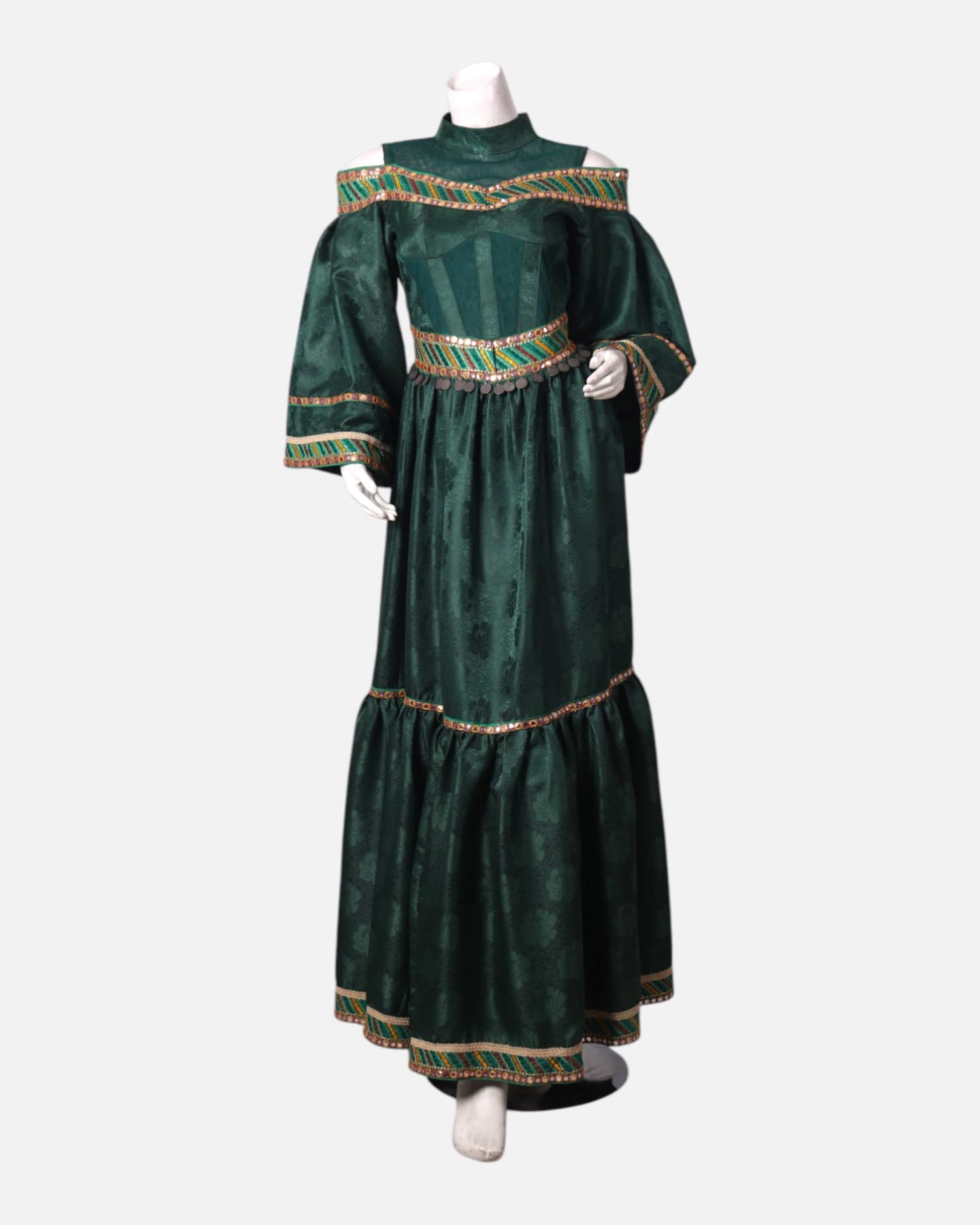 Green Satin Dress with Intricate Embroidery
