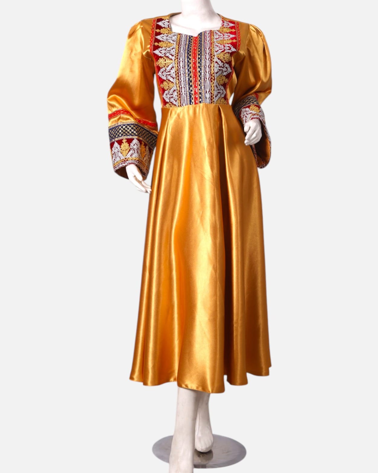 ellow Afghan Satin Dress with Embroidered Details and Red Shawl