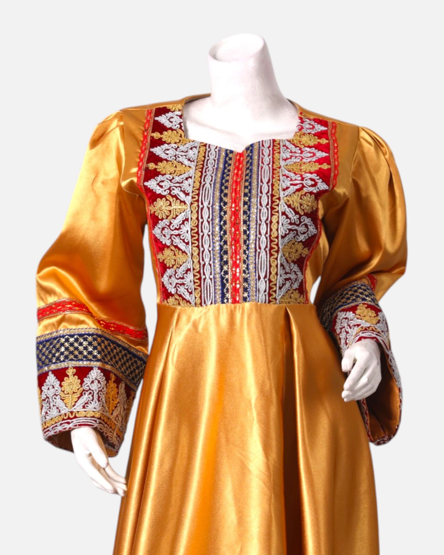 ellow Afghan Satin Dress with Embroidered Details and Red Shawl