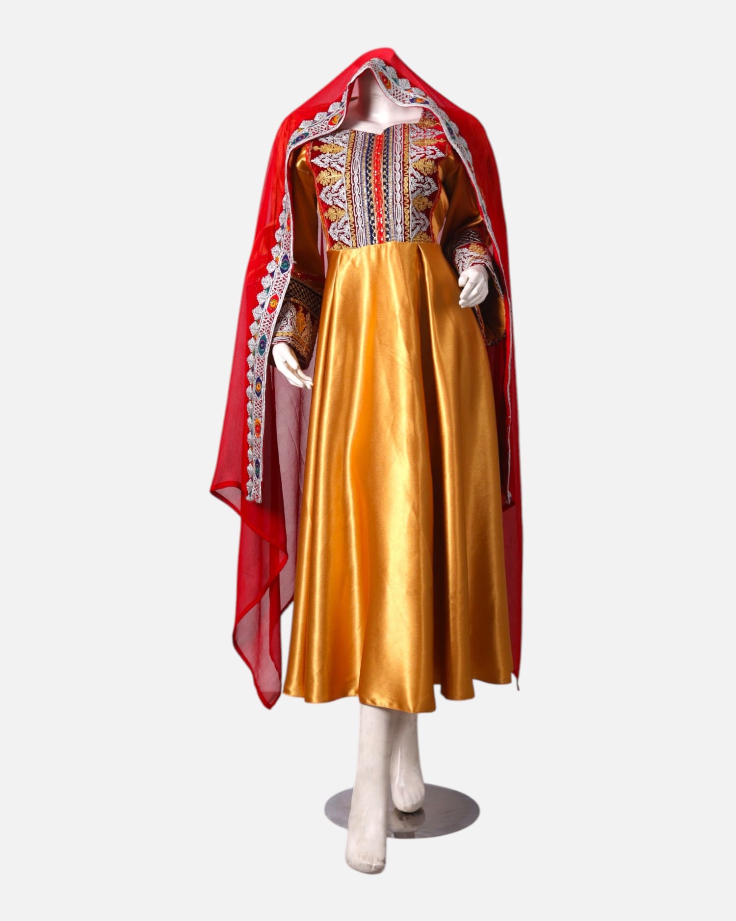 ellow Afghan Satin Dress with Embroidered Details and Red Shawl