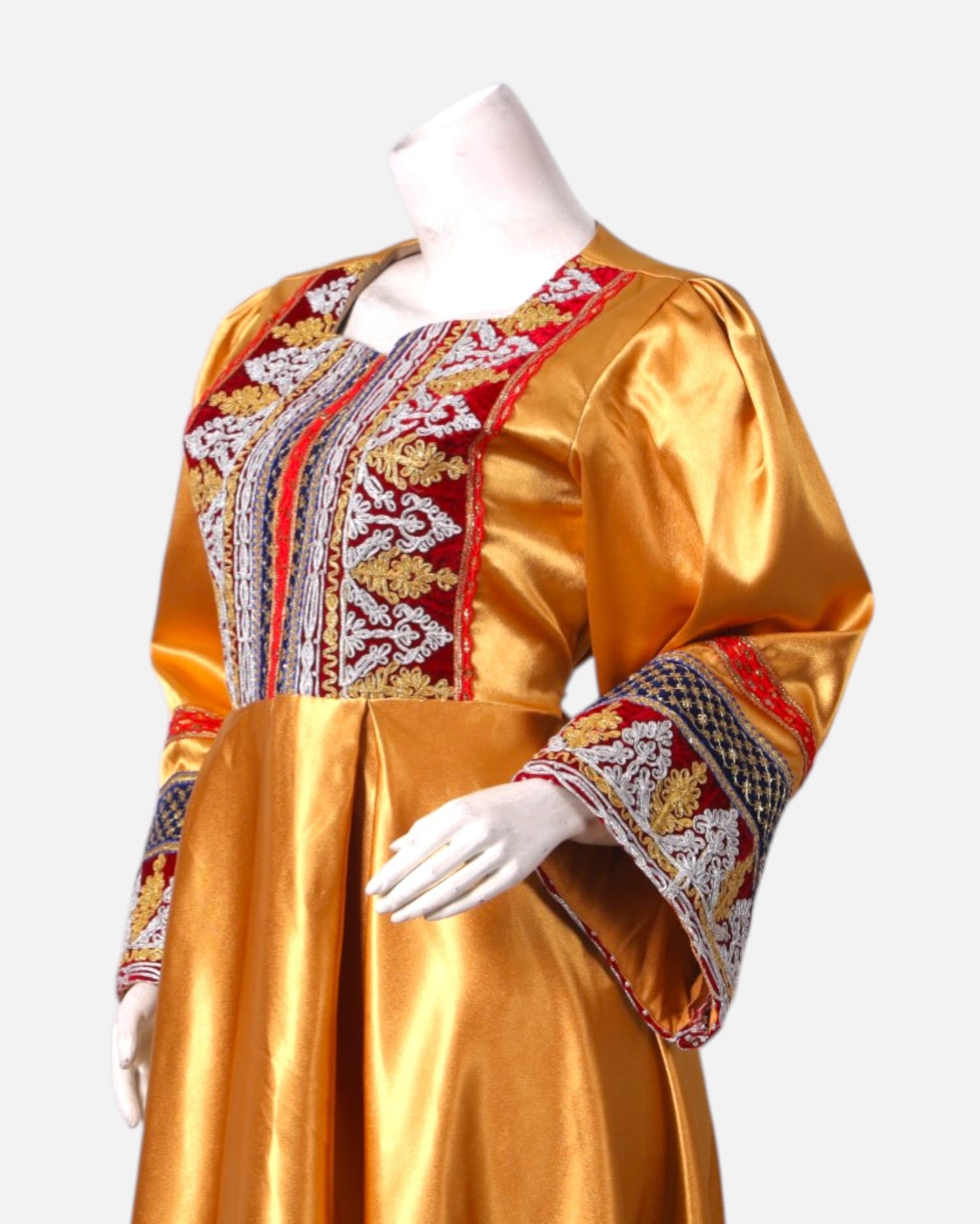 ellow Afghan Satin Dress with Embroidered Details and Red Shawl
