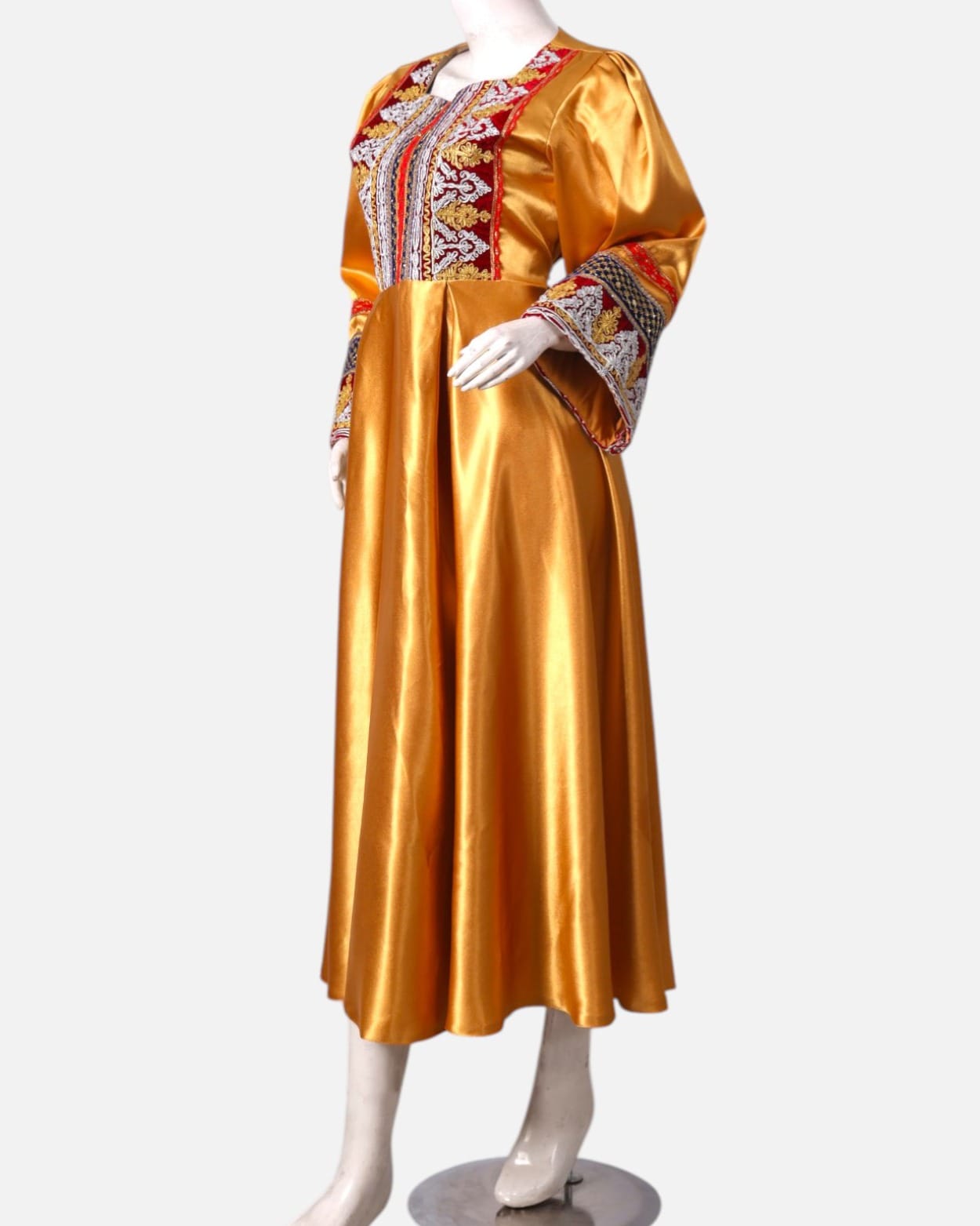 ellow Afghan Satin Dress with Embroidered Details and Red Shawl