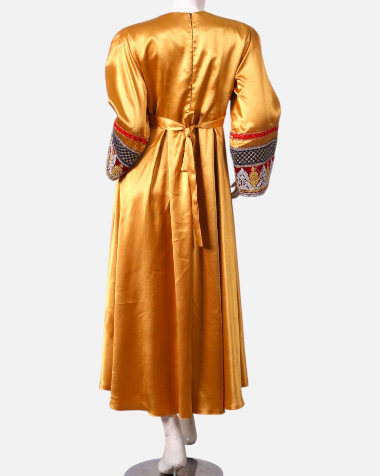 ellow Afghan Satin Dress with Embroidered Details and Red Shawl