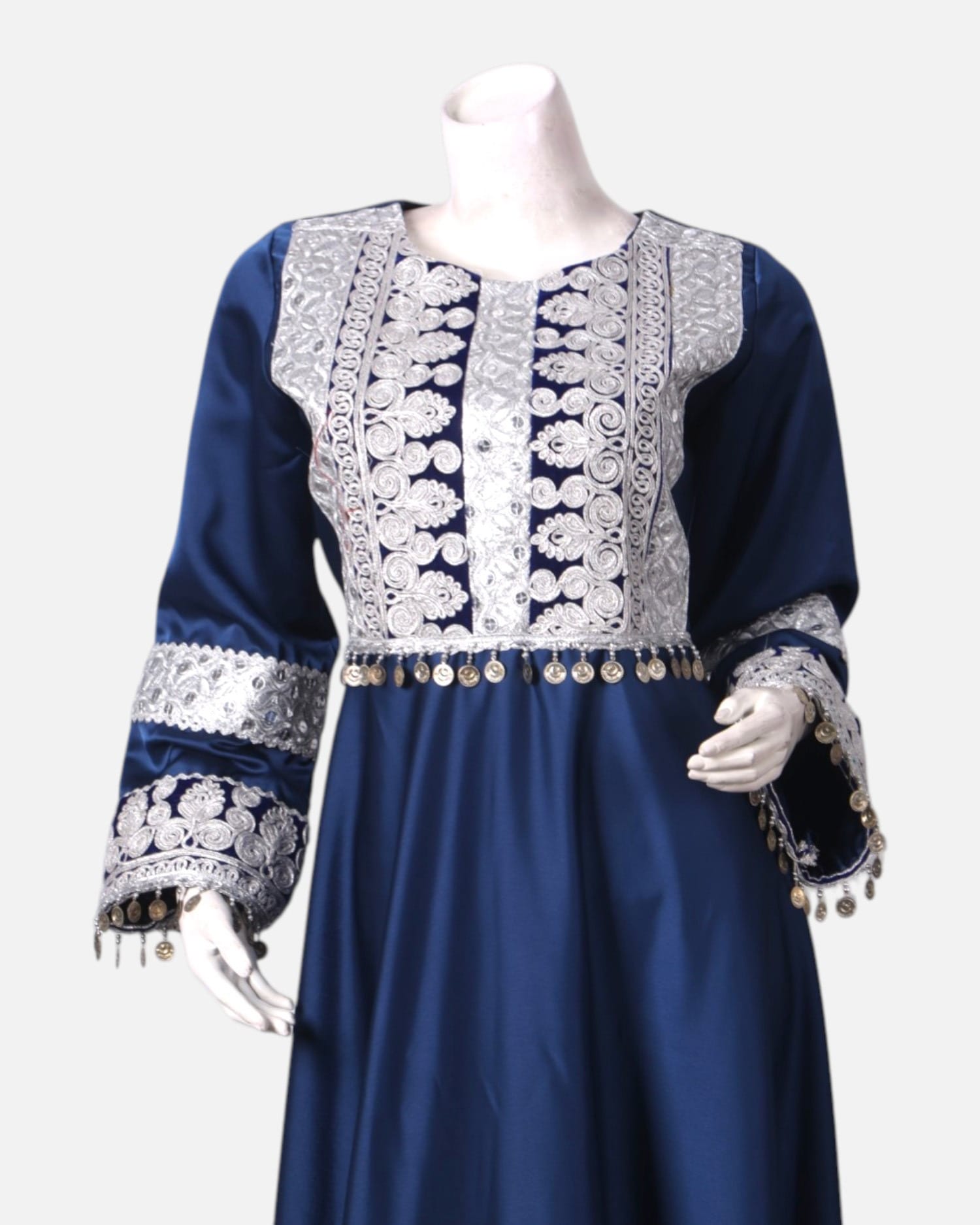 Navy Blue Afghan Satin Kochi Party Dress with Silver Embroidery