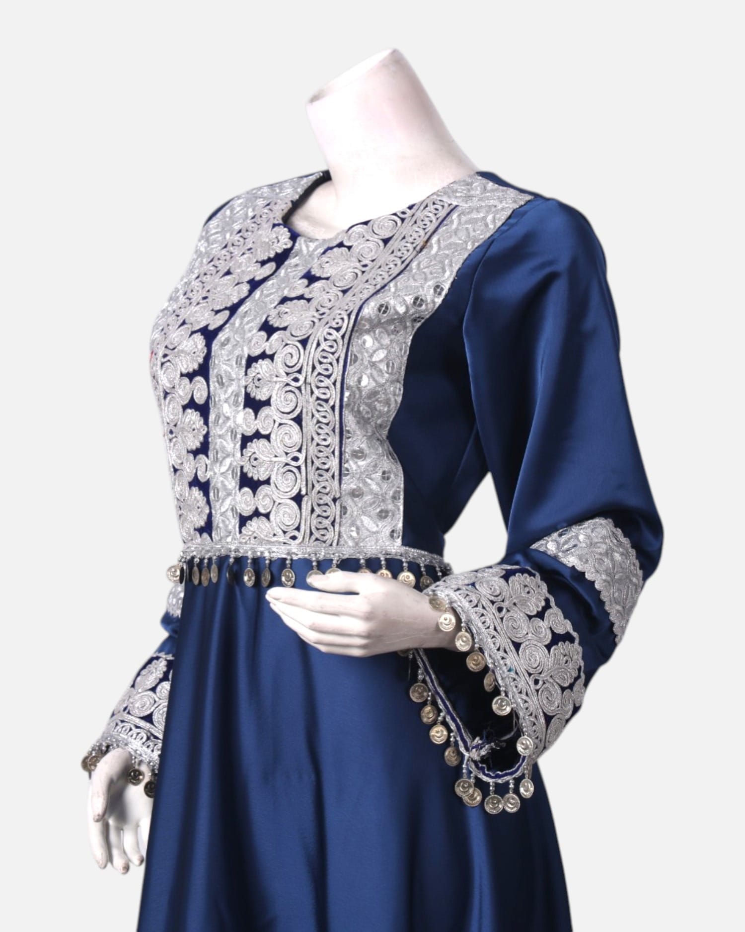 Navy Blue Afghan Satin Kochi Party Dress with Silver Embroidery
