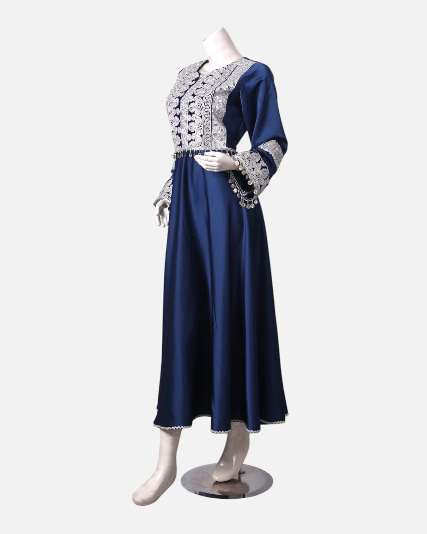 Navy Blue Afghan Satin Kochi Party Dress with Silver Embroidery
