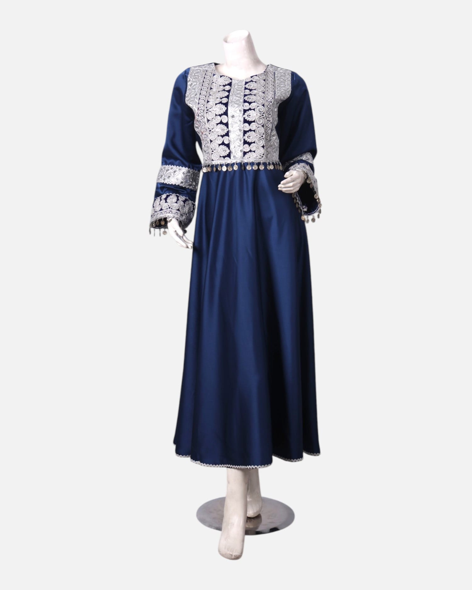 Navy Blue Afghan Satin Kochi Party Dress with Silver Embroidery