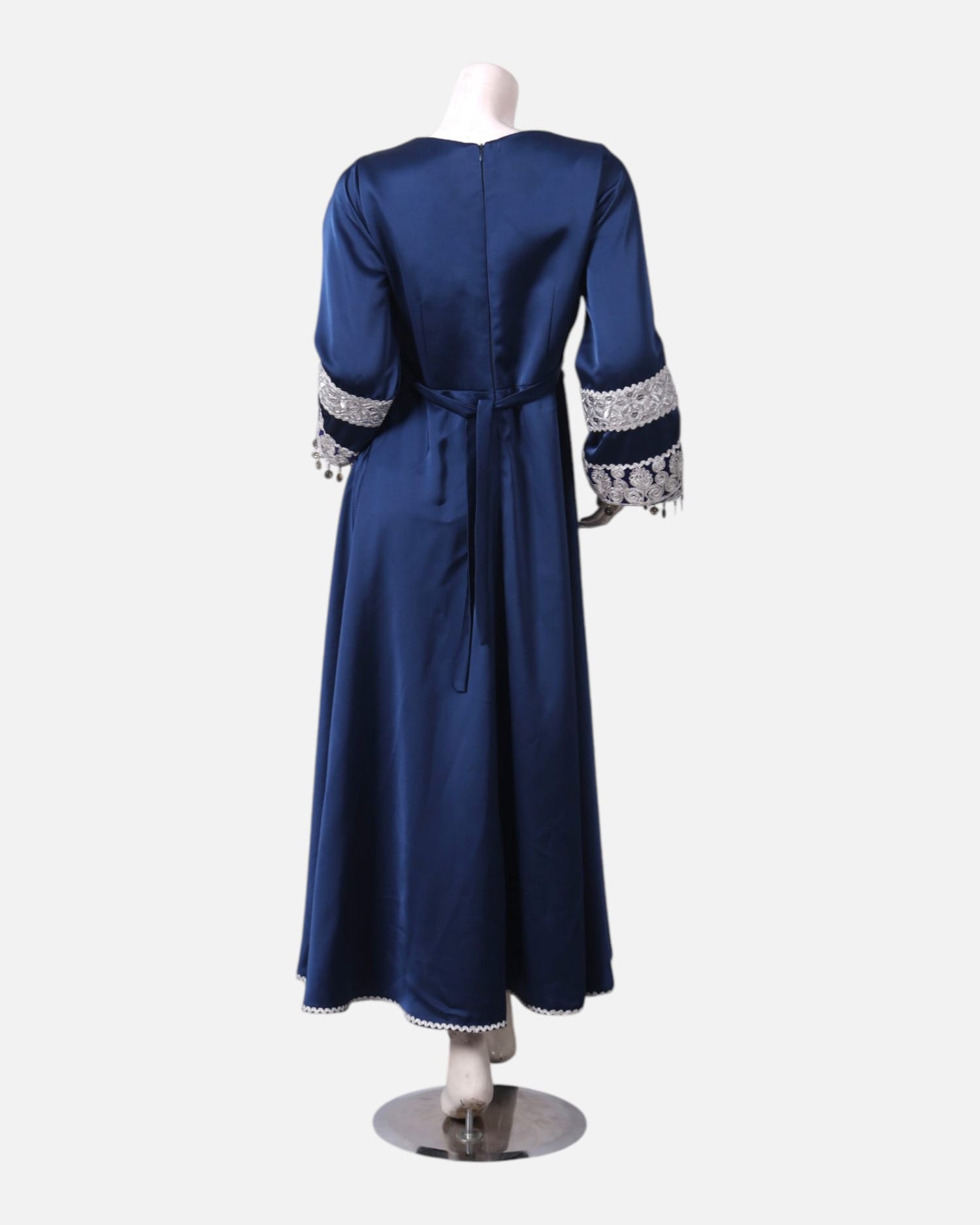 Navy Blue Afghan Satin Kochi Party Dress with Silver Embroidery