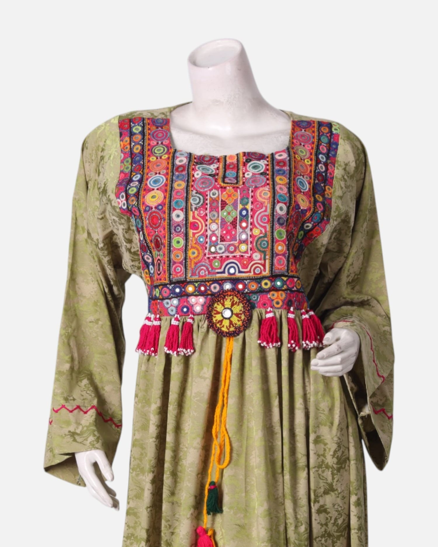 Green Embroidered Long Dress with Arabic Design Hand Embroidery