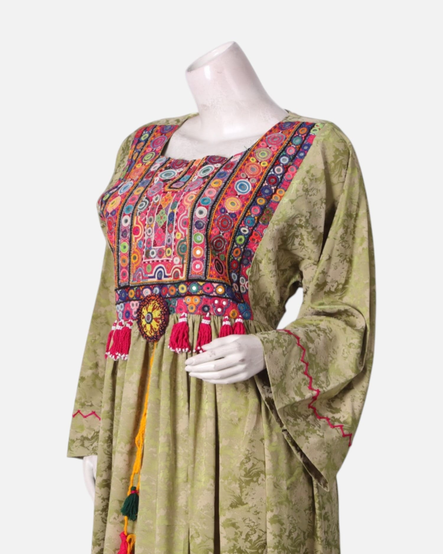 Green Embroidered Long Dress with Arabic Design Hand Embroidery