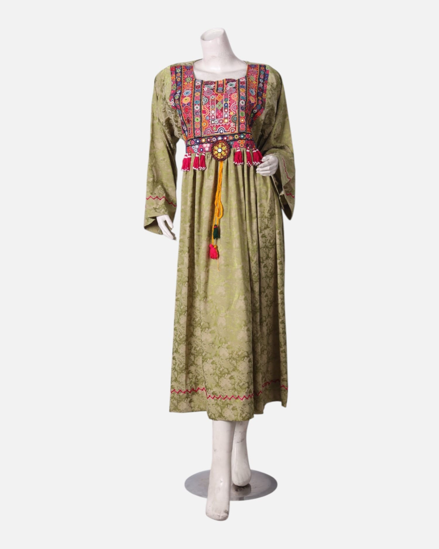 Green Embroidered Long Dress with Arabic Design Hand Embroidery