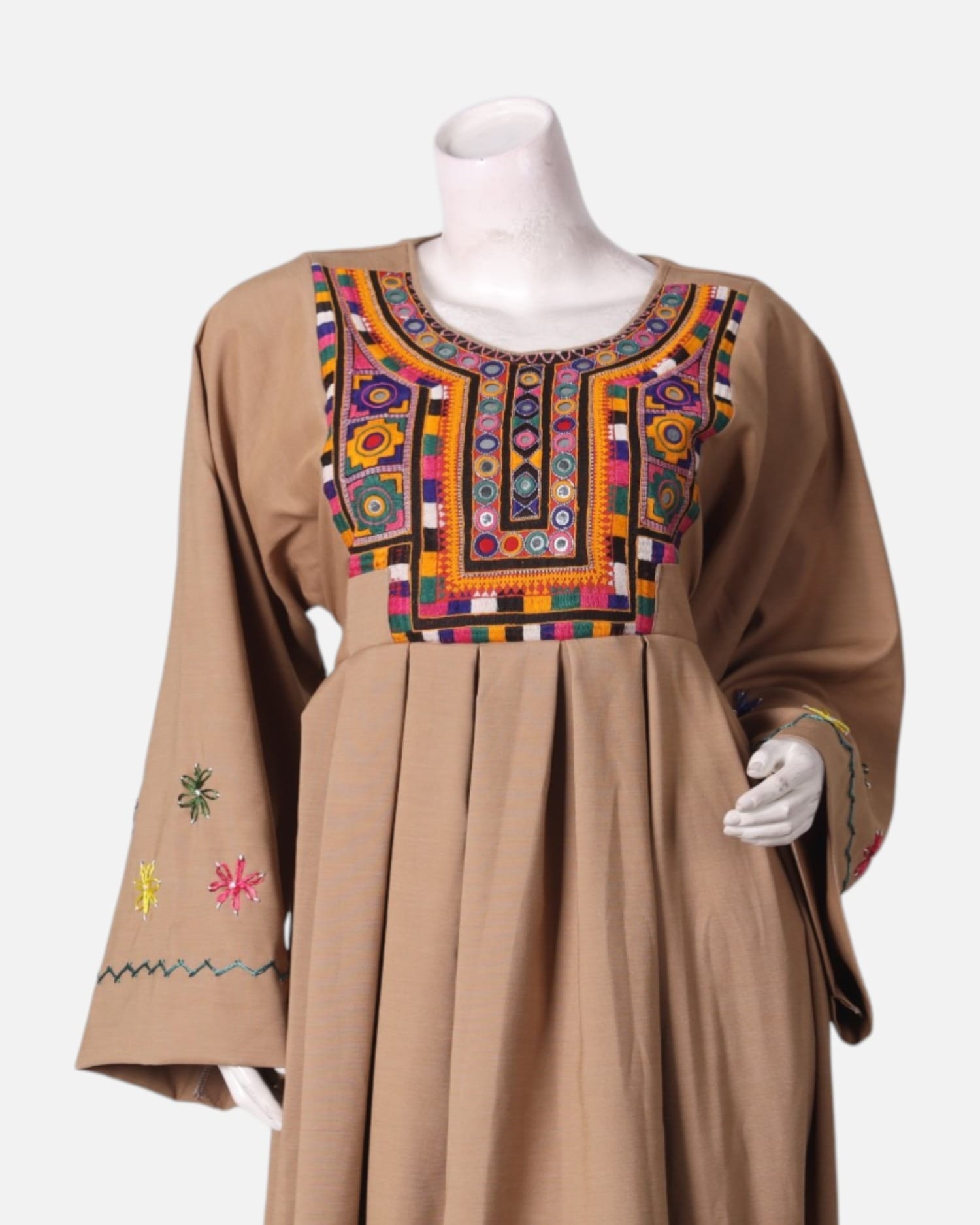 Beige Embroidered Dress with Colorful Floral Design and Vibrant Motifs