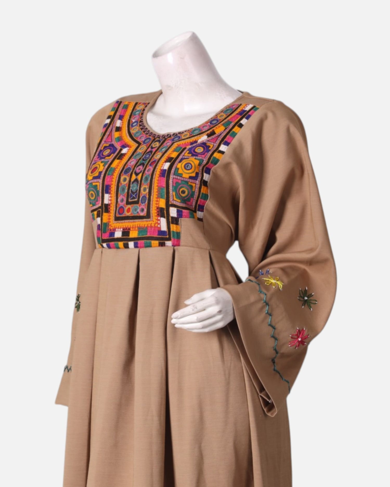 Beige Embroidered Dress with Colorful Floral Design and Vibrant Motifs