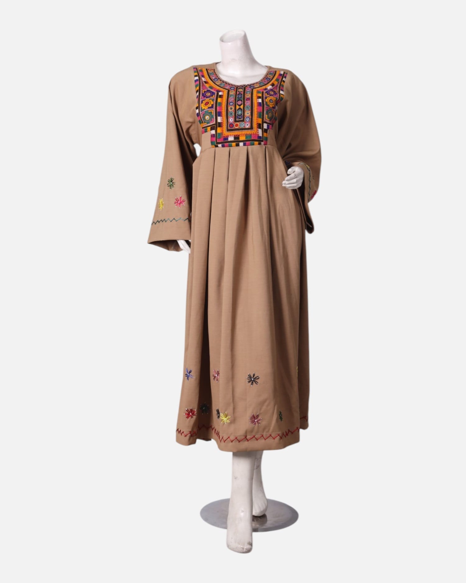 Beige Embroidered Dress with Colorful Floral Design and Vibrant Motifs