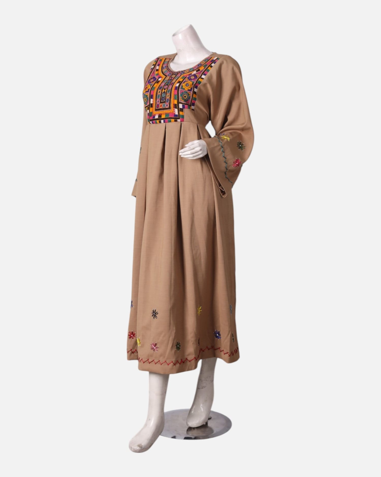 Beige Embroidered Dress with Colorful Floral Design and Vibrant Motifs
