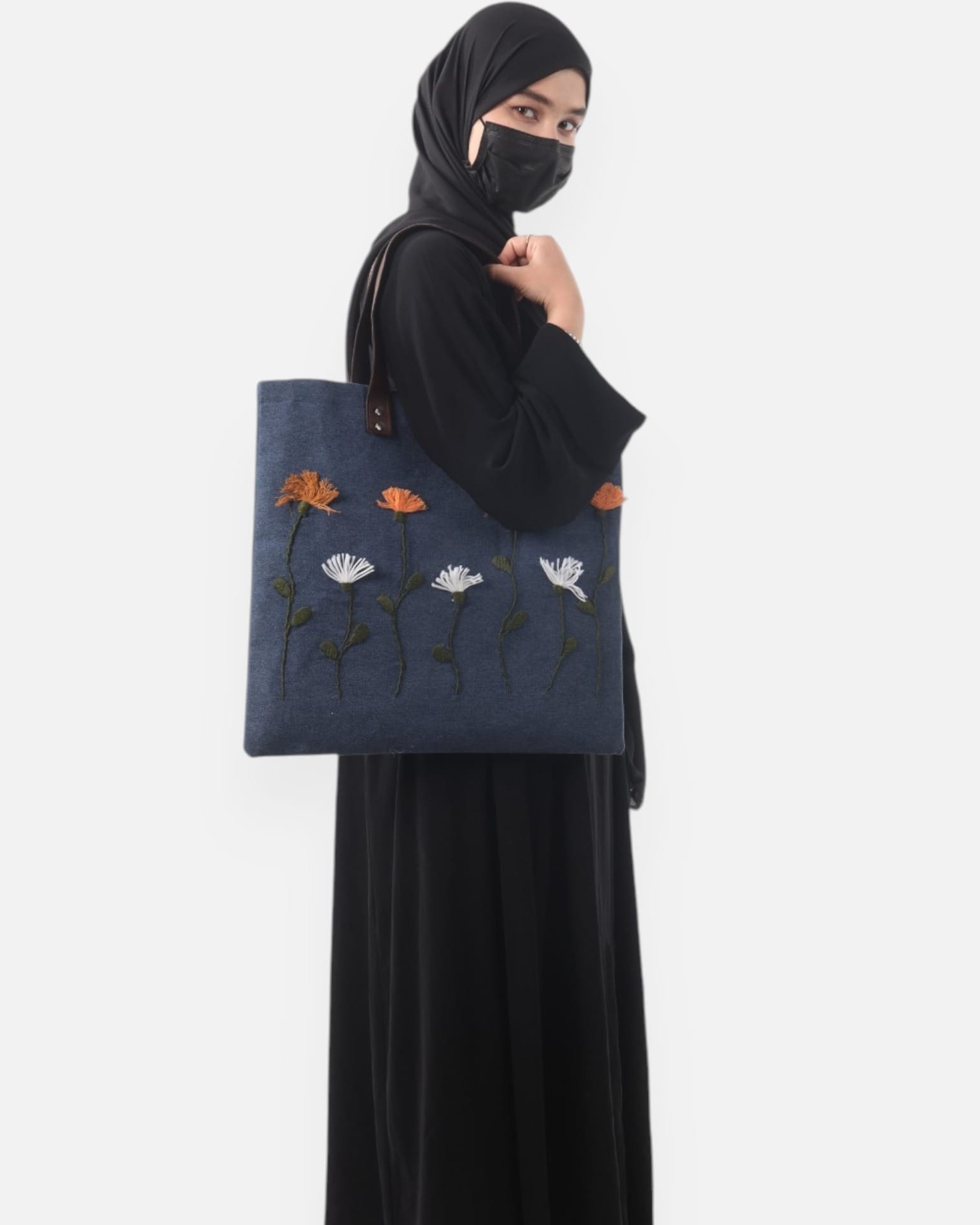 Floral Embroidered Tote Bag – Blue Canvas Shoulder Bag with Leather Handles