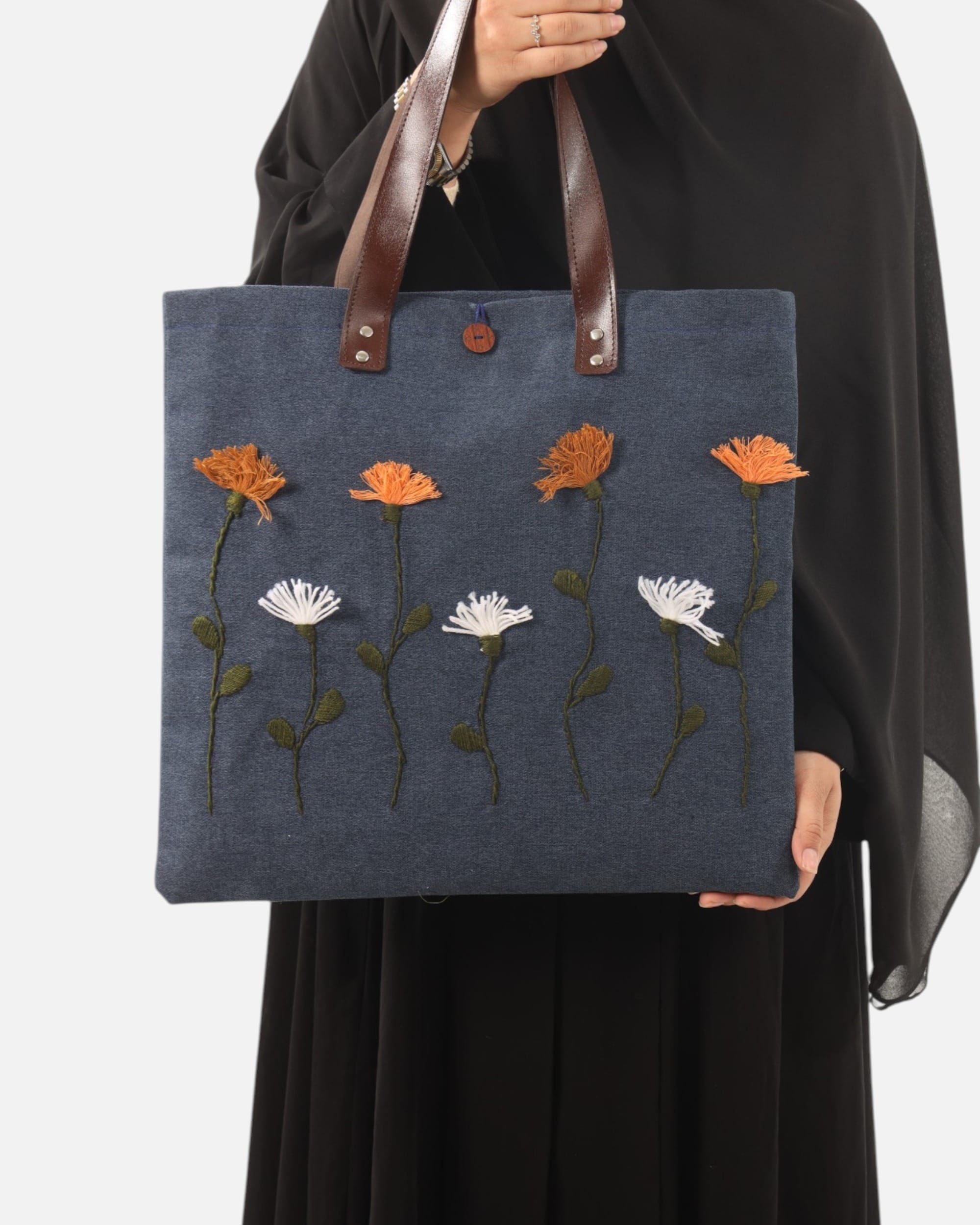 Floral Embroidered Tote Bag – Blue Canvas Shoulder Bag with Leather Handles