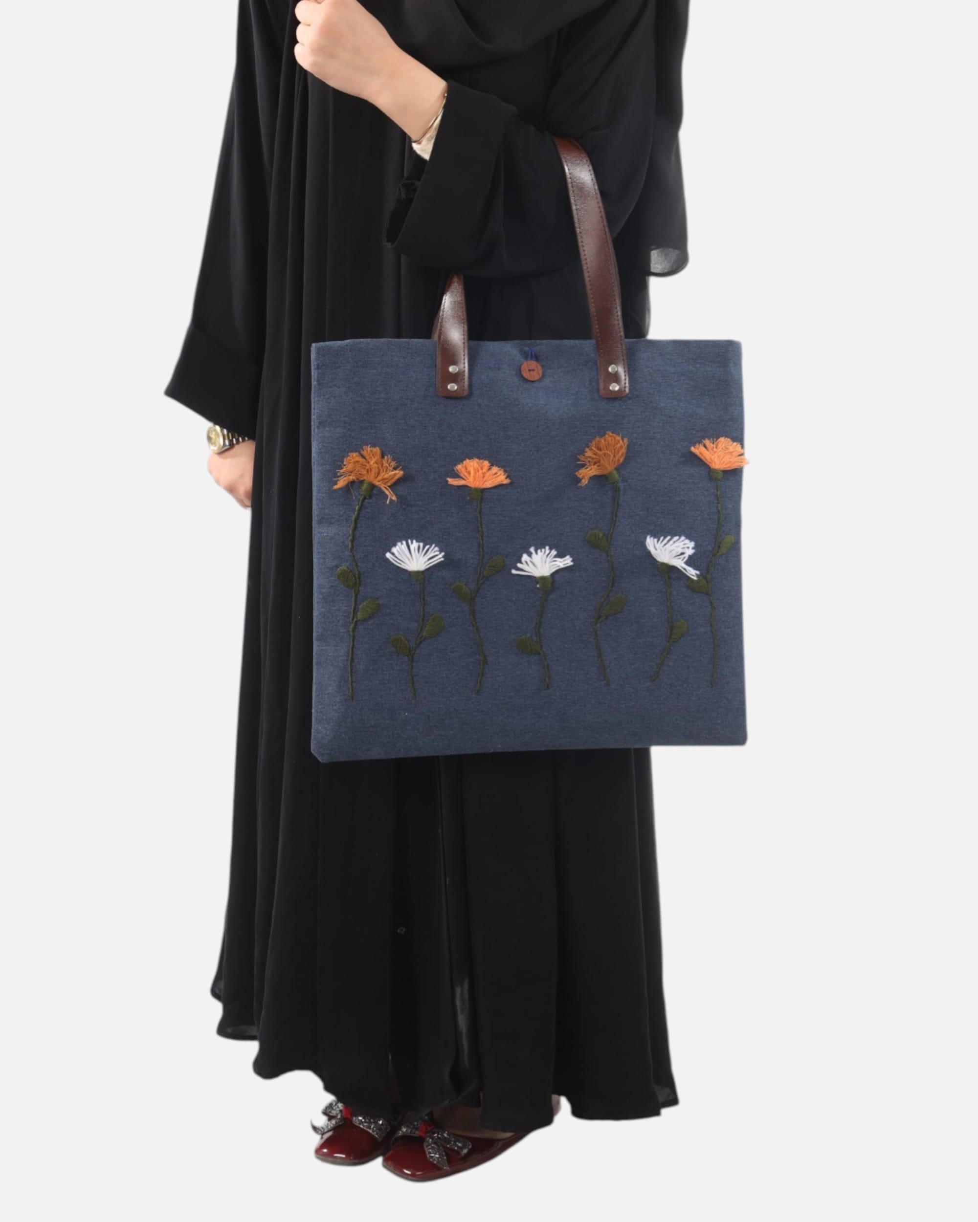 Floral Embroidered Tote Bag – Blue Canvas Shoulder Bag with Leather Handles