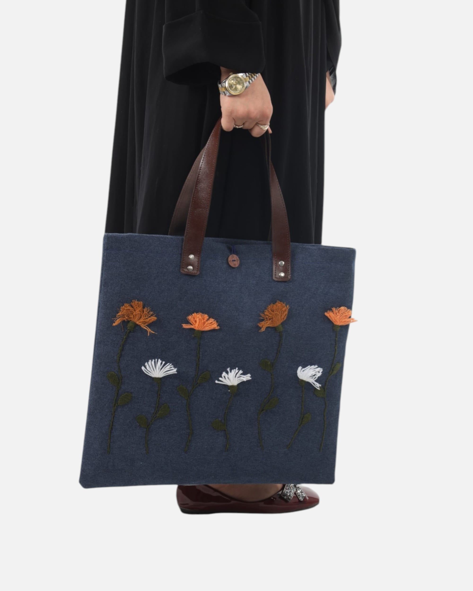 Floral Embroidered Tote Bag – Blue Canvas Shoulder Bag with Leather Handles