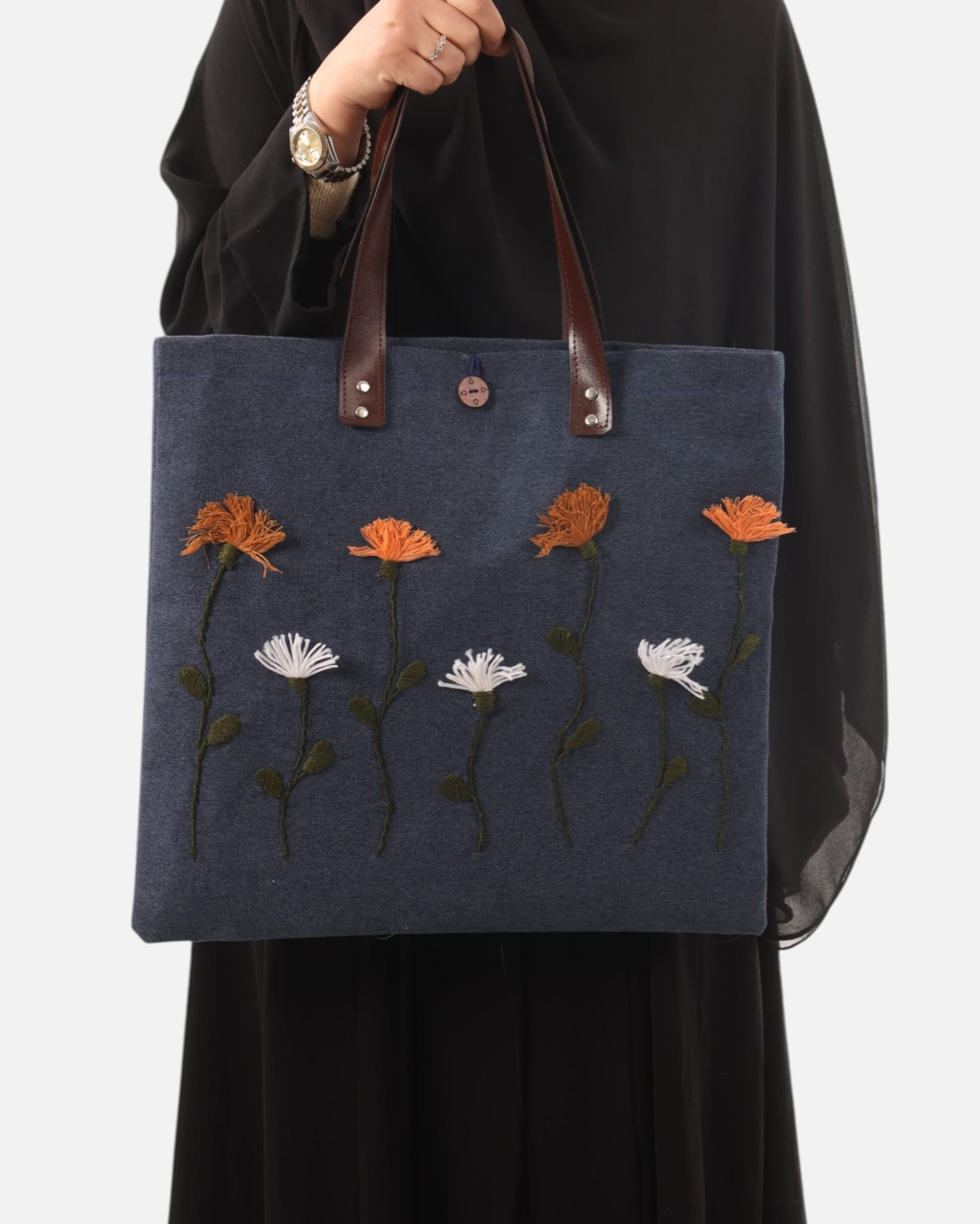 Floral Embroidered Tote Bag – Blue Canvas Shoulder Bag with Leather Handles