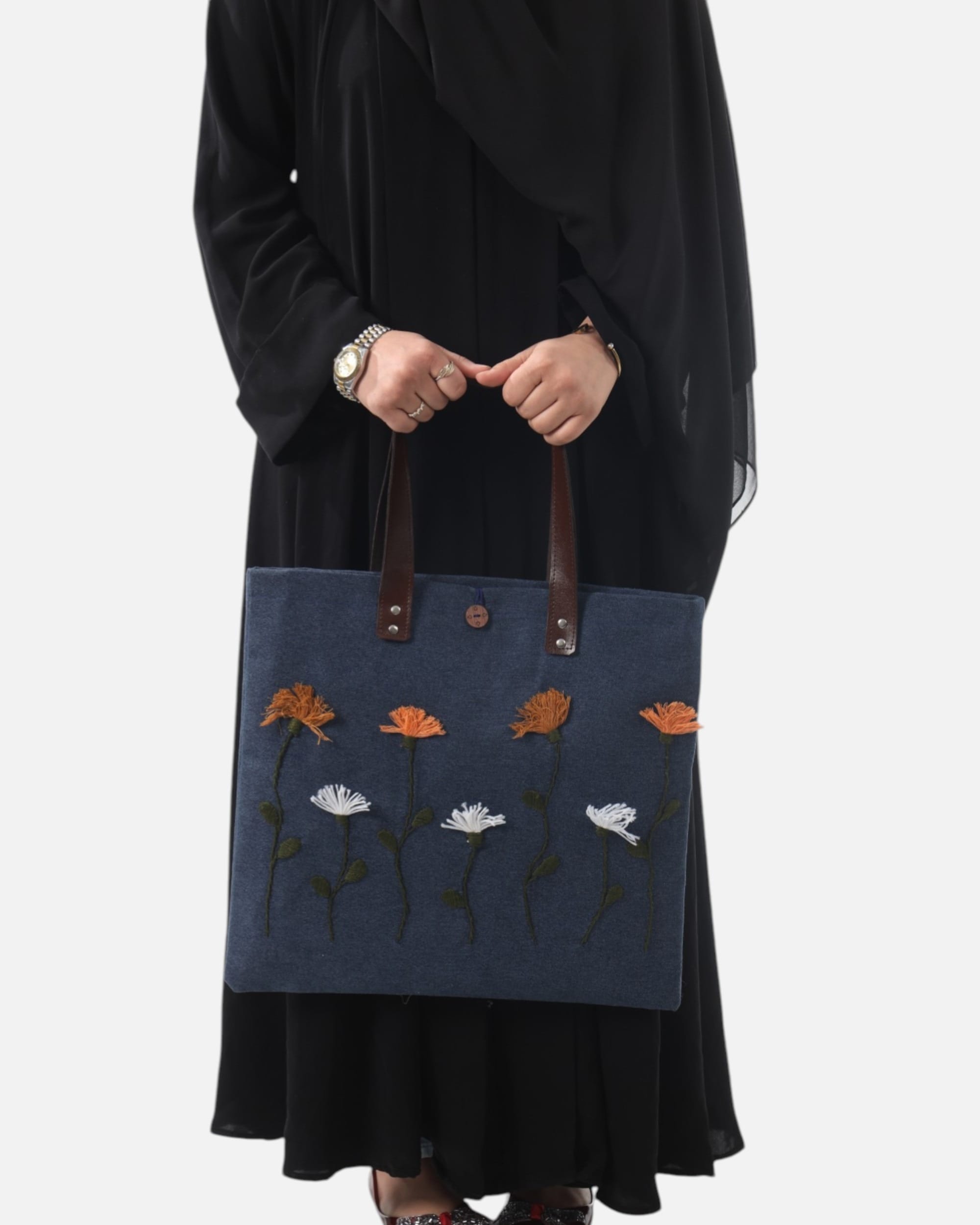 Floral Embroidered Tote Bag – Blue Canvas Shoulder Bag with Leather Handles
