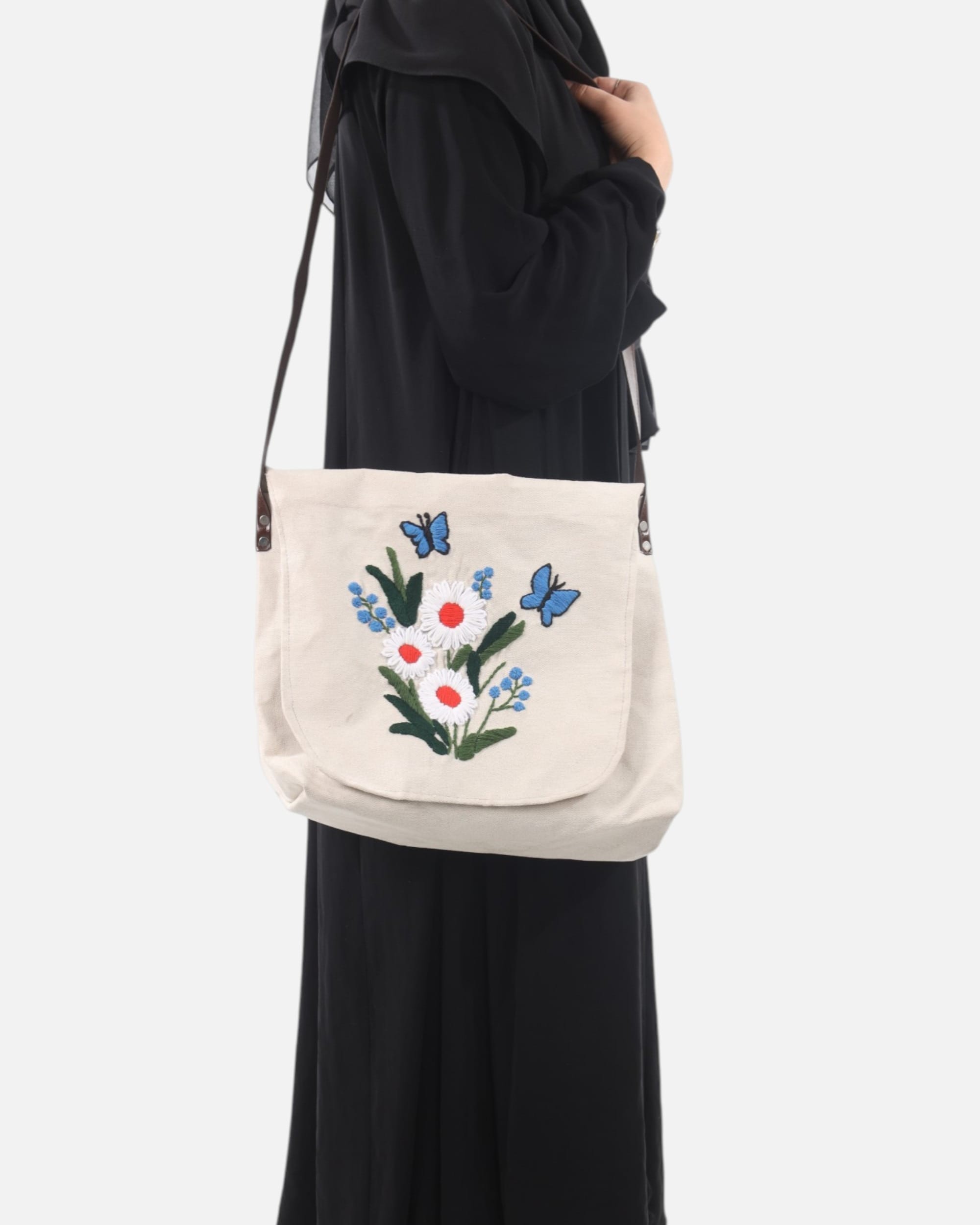 Floral Canvas Bag with Leather Strap