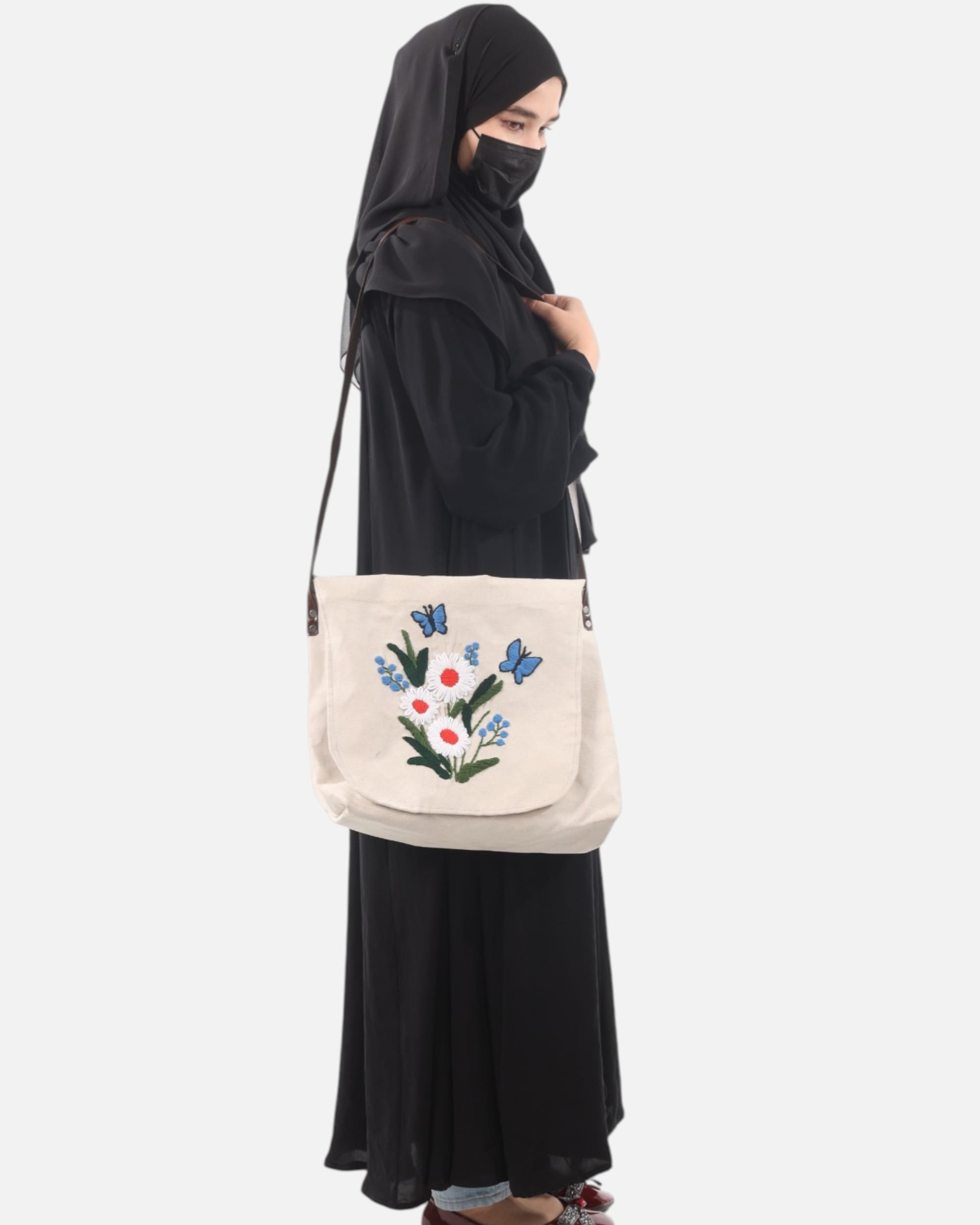Floral Canvas Bag with Leather Strap