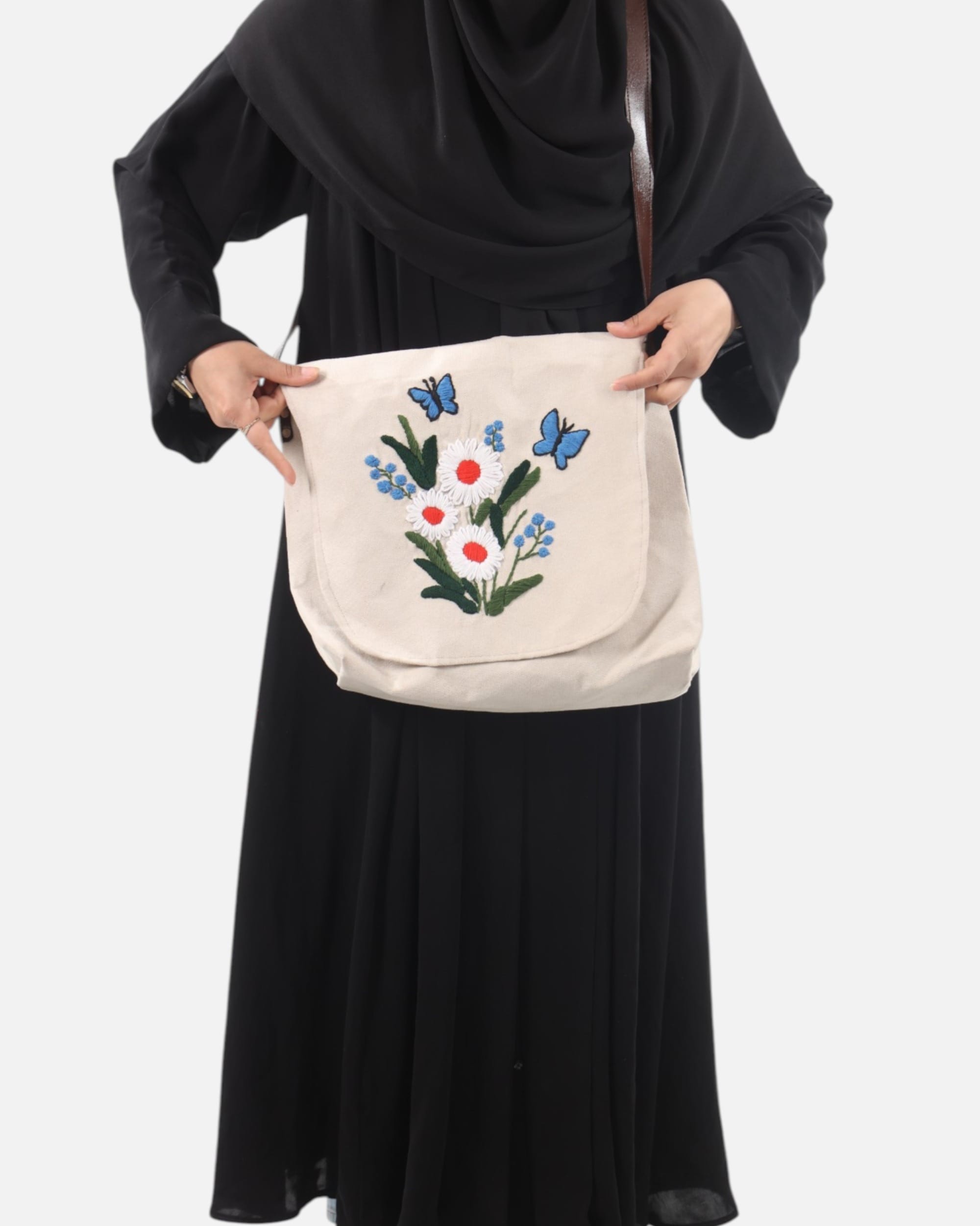 Floral Canvas Bag with Leather Strap