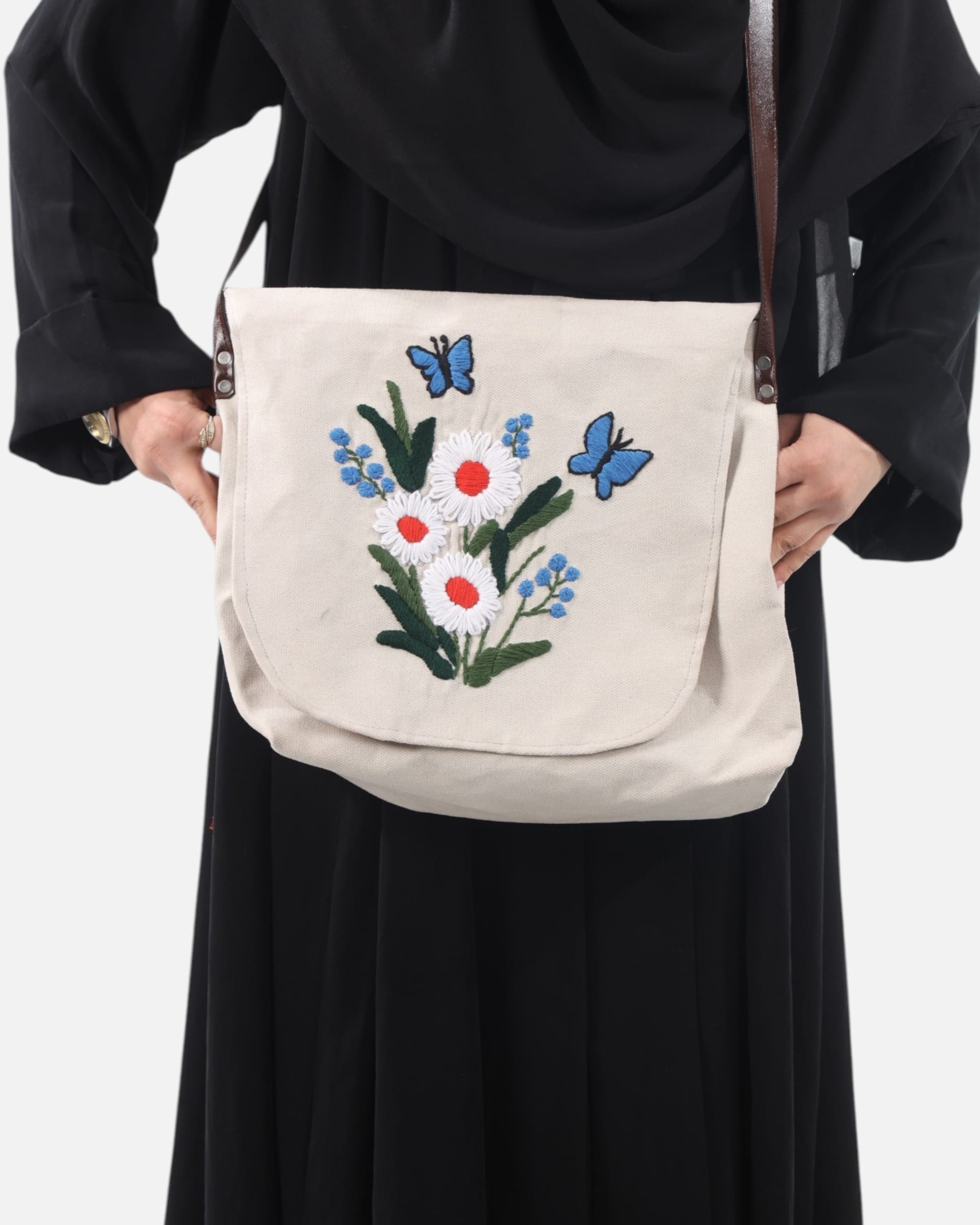 Floral Canvas Bag with Leather Strap