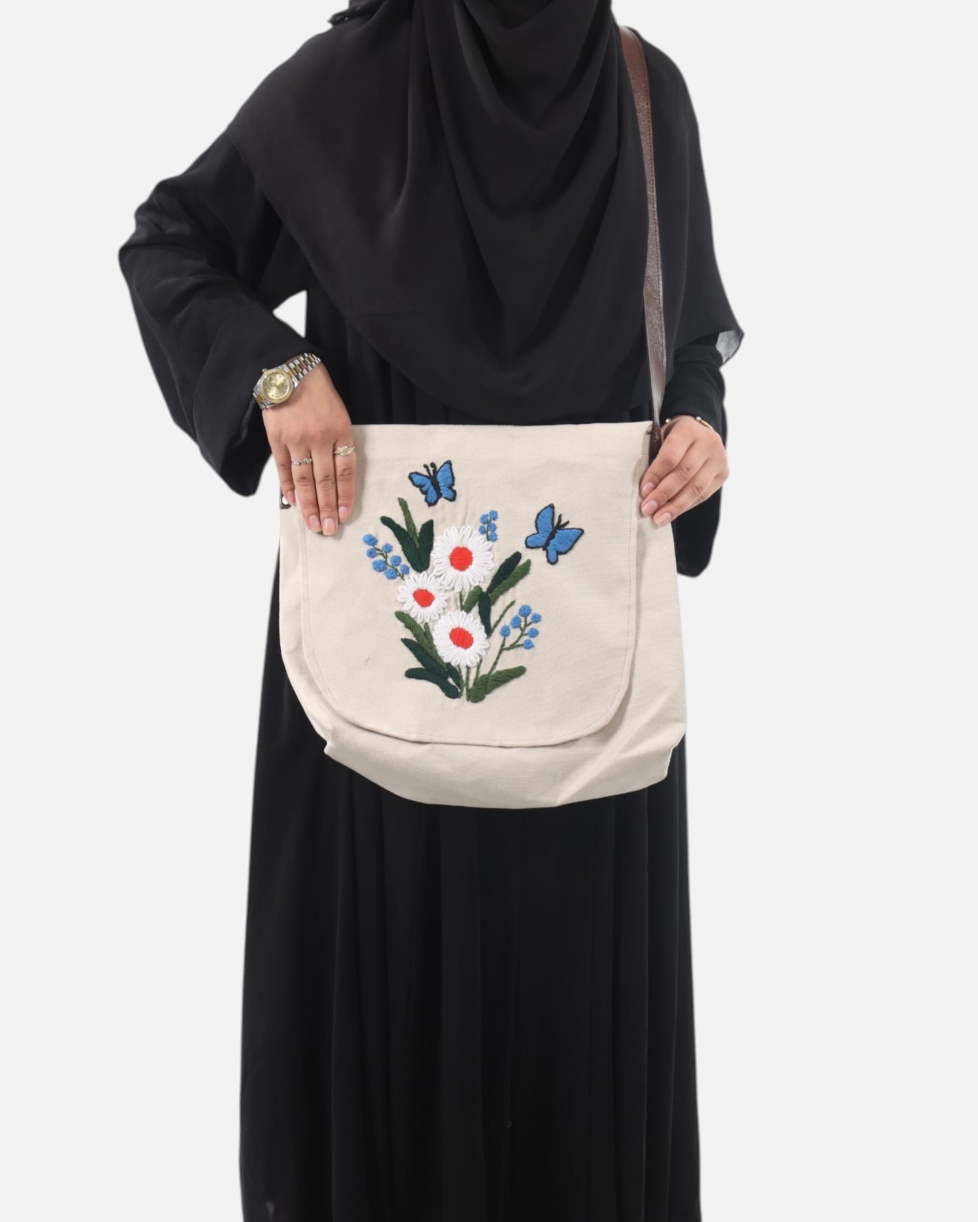 Floral Canvas Bag with Leather Strap