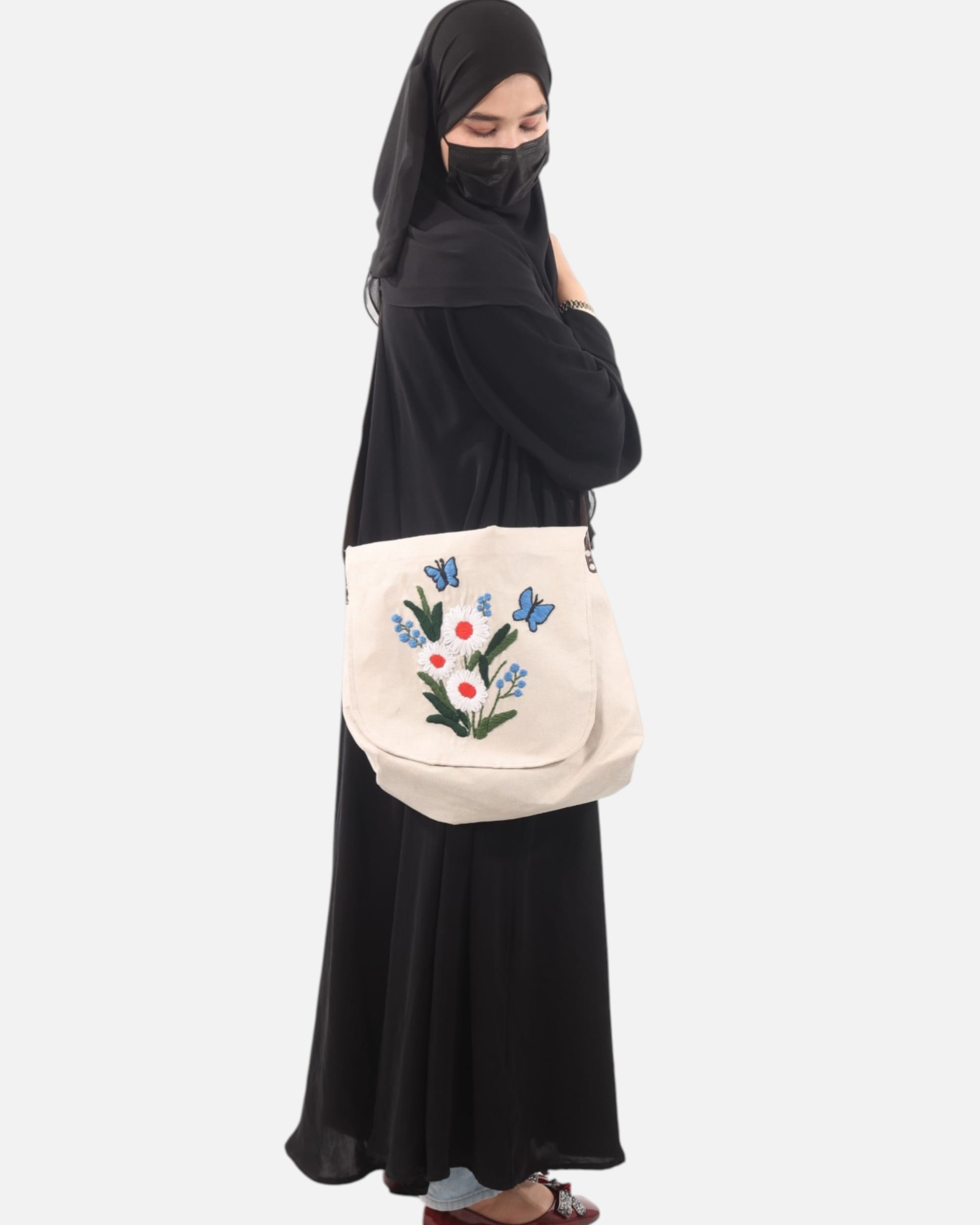 Floral Canvas Bag with Leather Strap