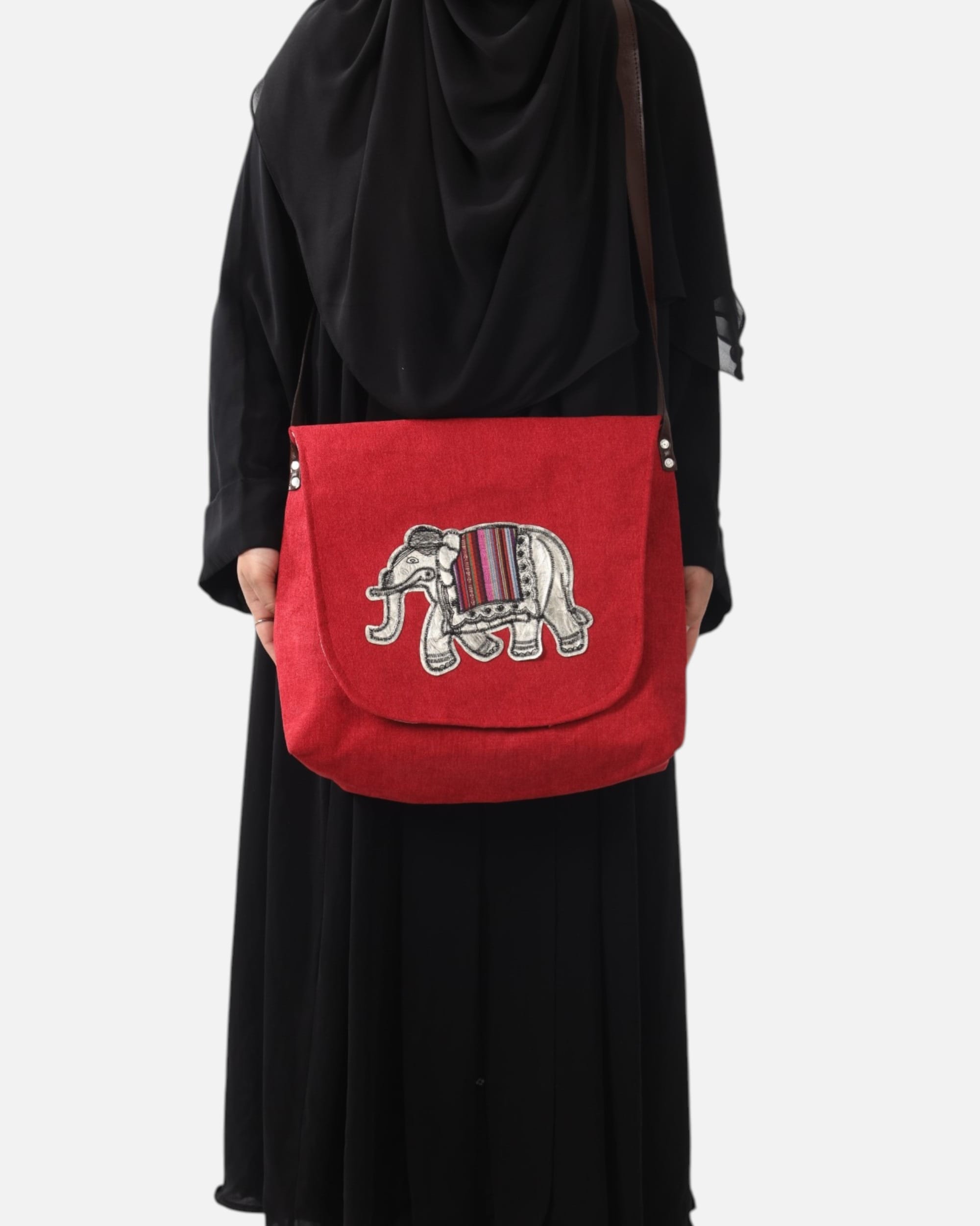 Red Afghan Elephant Embroidered Canvas  Bag, Handcrafted with Colorful Stripes, Premium Leather Strap