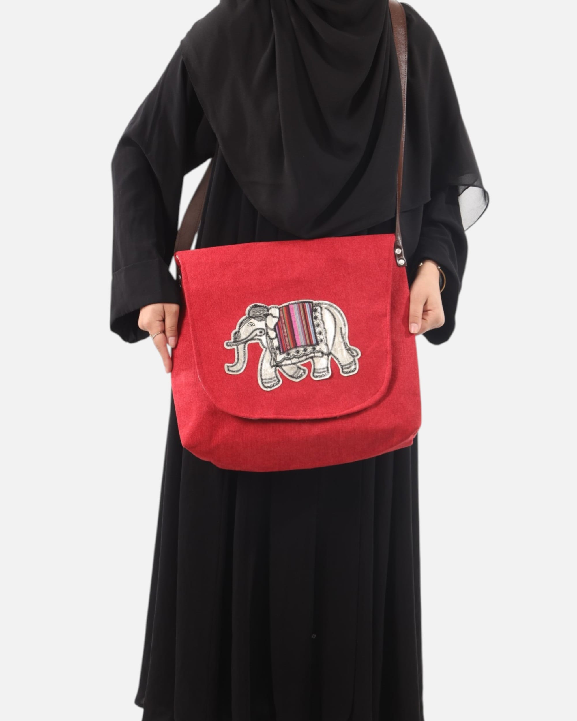 Red Afghan Elephant Embroidered Canvas  Bag, Handcrafted with Colorful Stripes, Premium Leather Strap