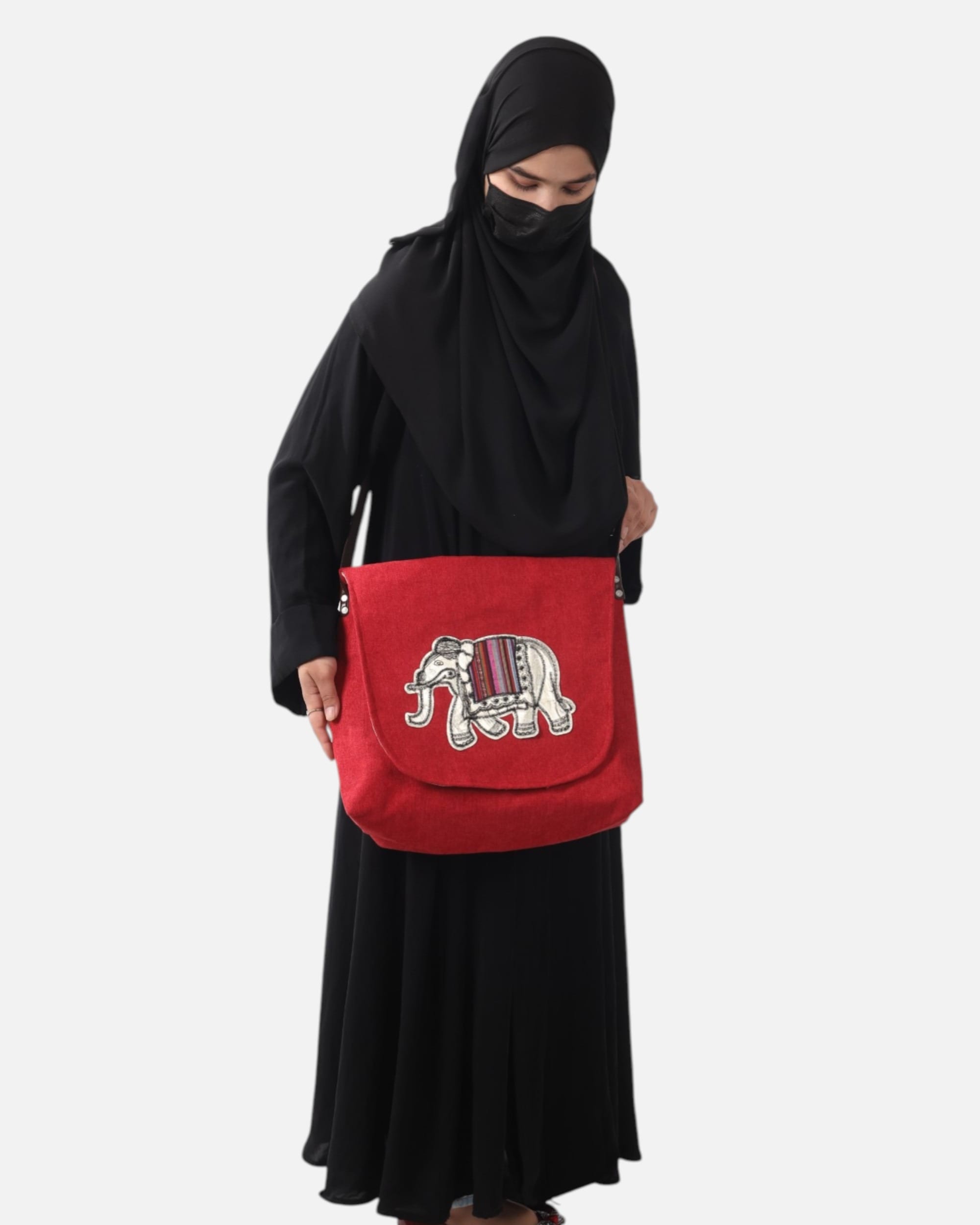 Red Afghan Elephant Embroidered Canvas  Bag, Handcrafted with Colorful Stripes, Premium Leather Strap