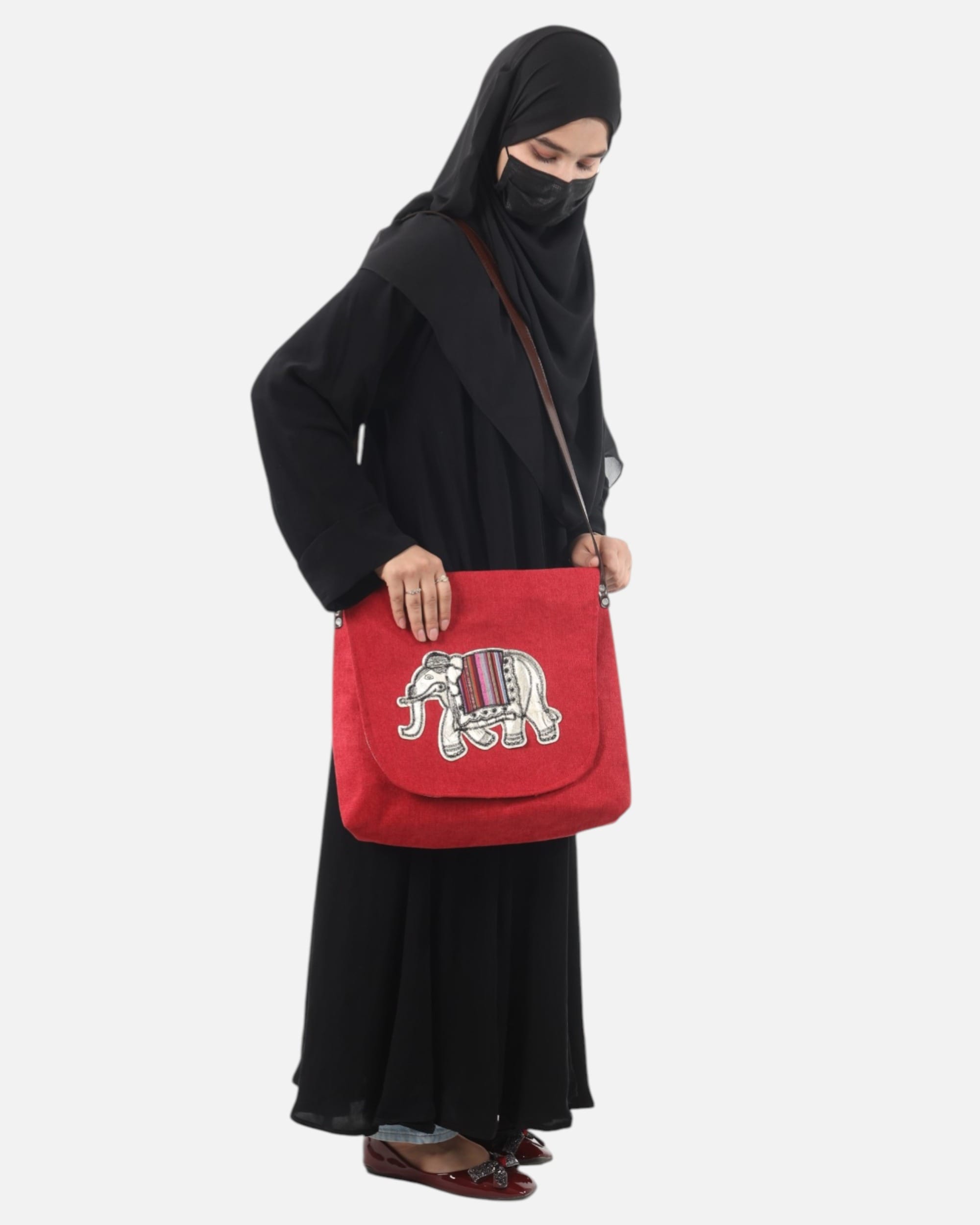 Red Afghan Elephant Embroidered Canvas  Bag, Handcrafted with Colorful Stripes, Premium Leather Strap